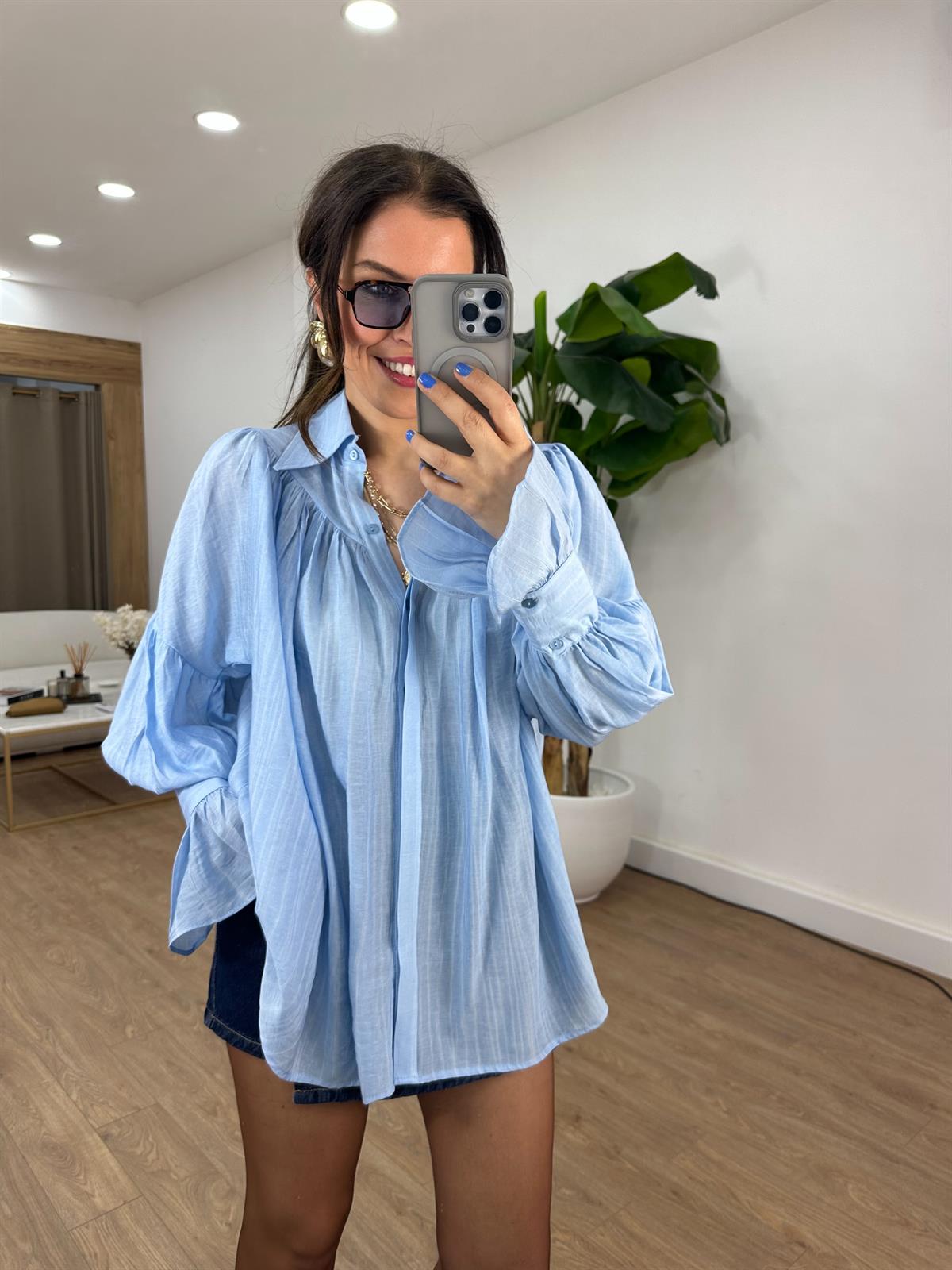 Kol Detaylı Lastikli Salaş Gömlek - Mavi