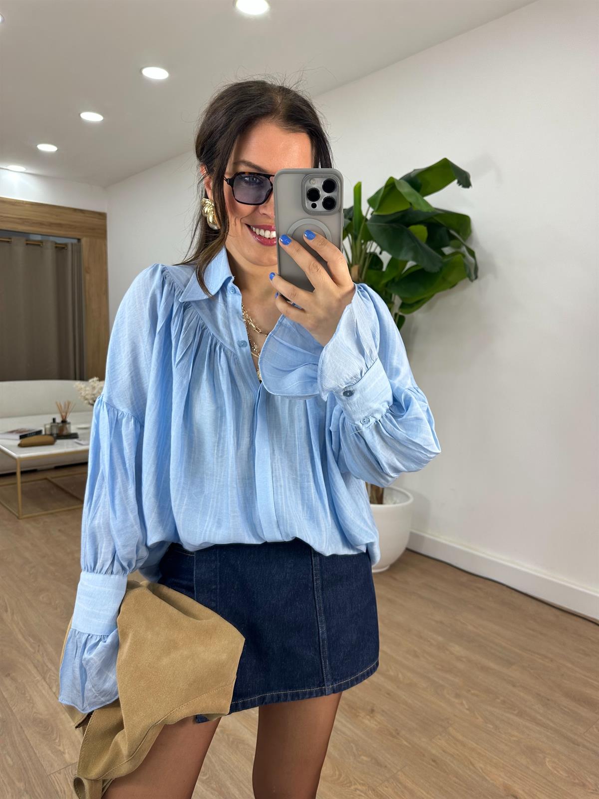 Kol Detaylı Lastikli Salaş Gömlek - Mavi