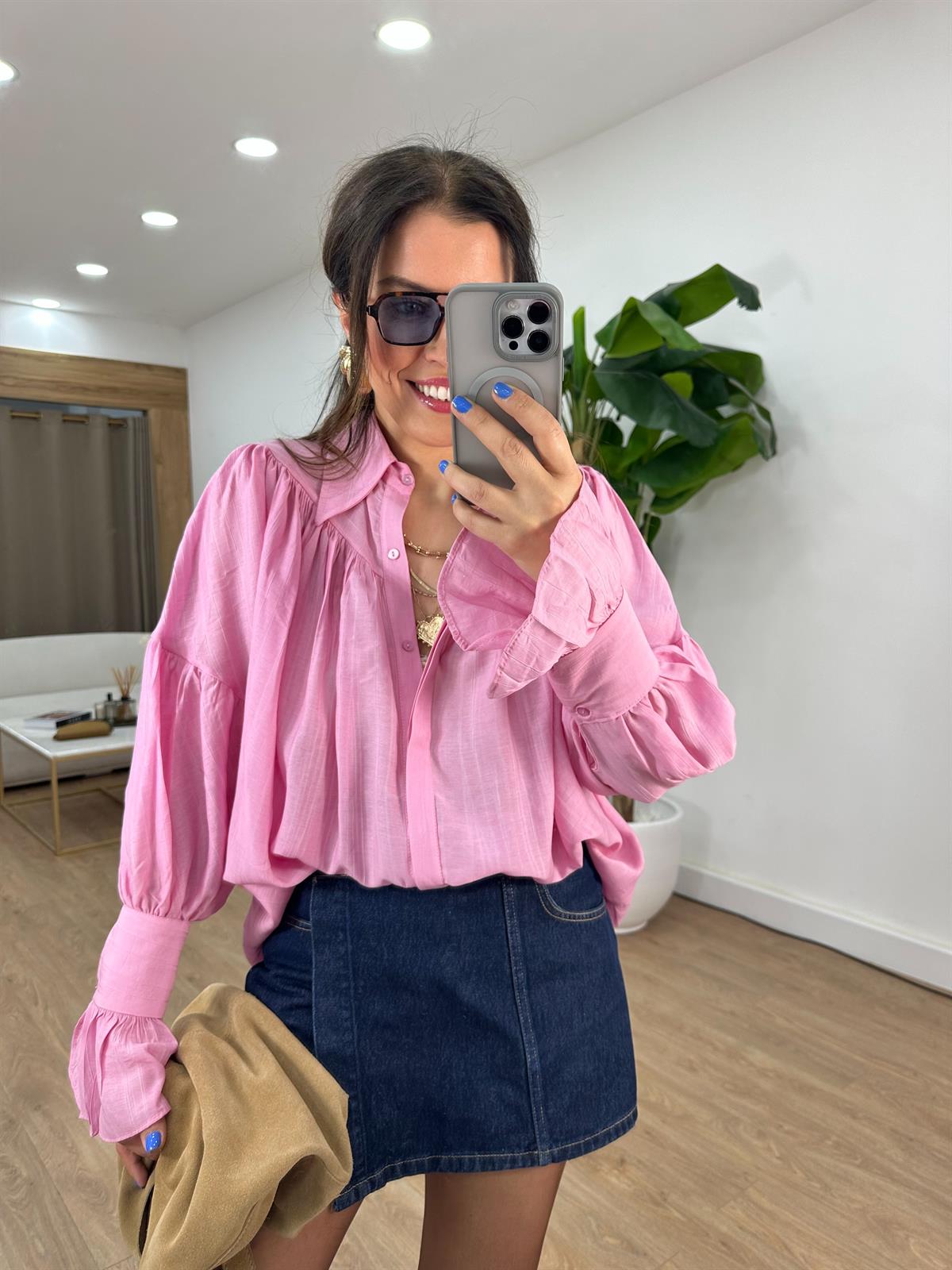 Kol Detaylı Lastikli Salaş Gömlek - Pembe