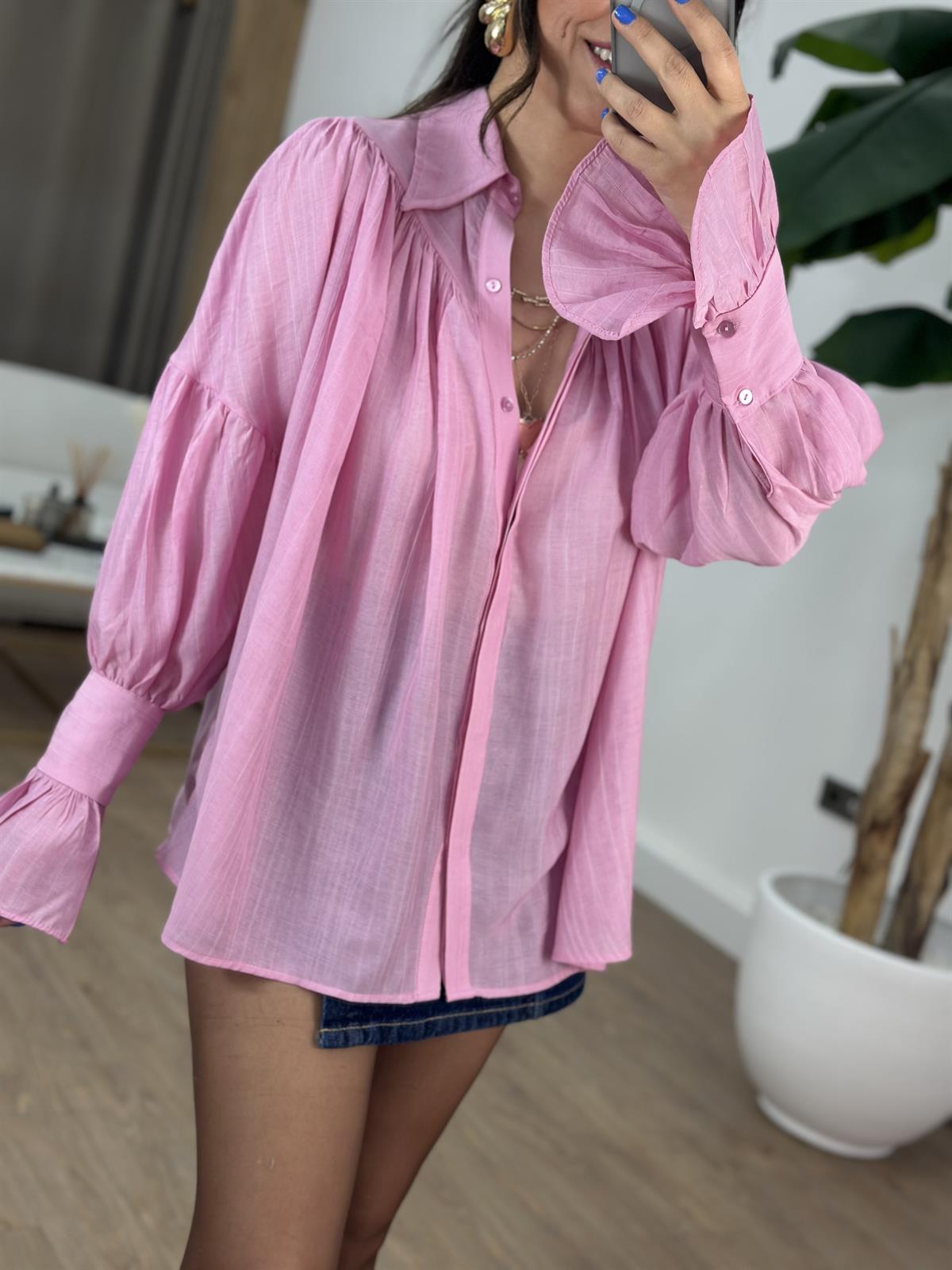 Kol Detaylı Lastikli Salaş Gömlek - Pembe