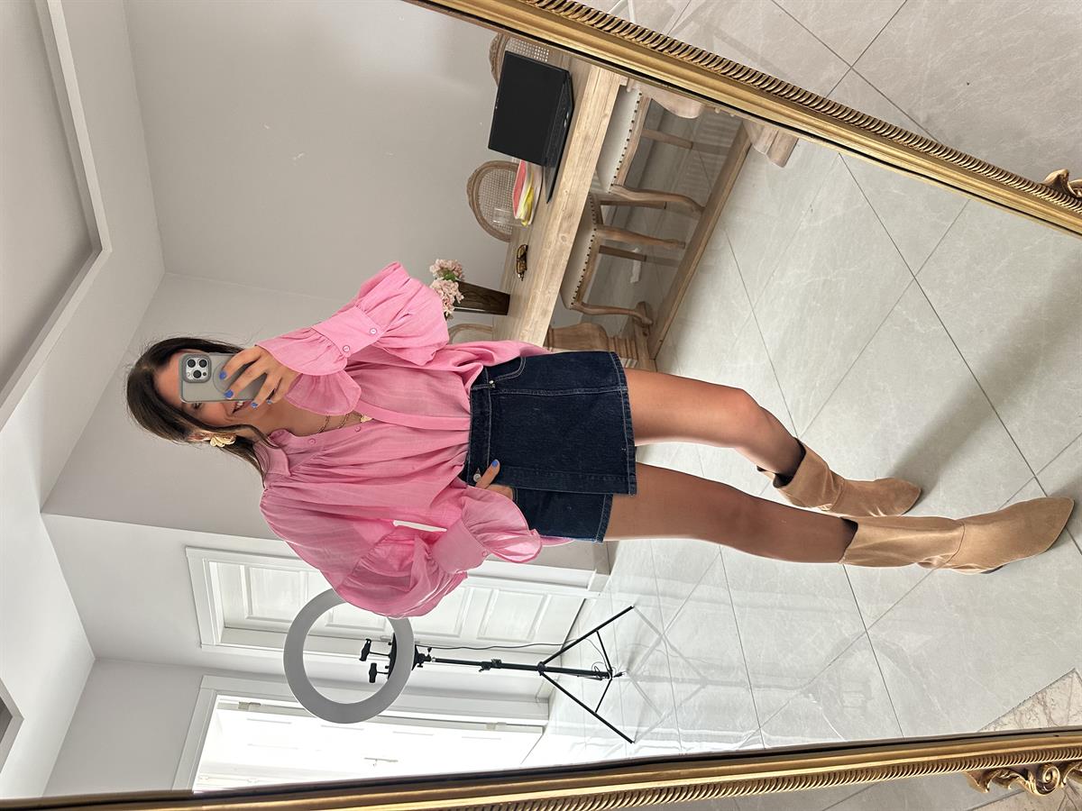 Kol Detaylı Lastikli Salaş Gömlek - Pembe