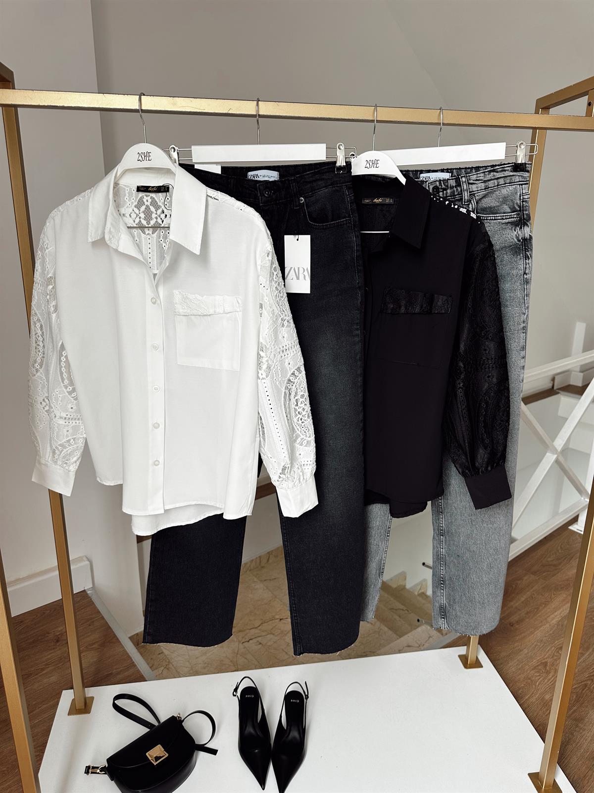 Kolları Dantel Detaylı Gömlek - Beyaz