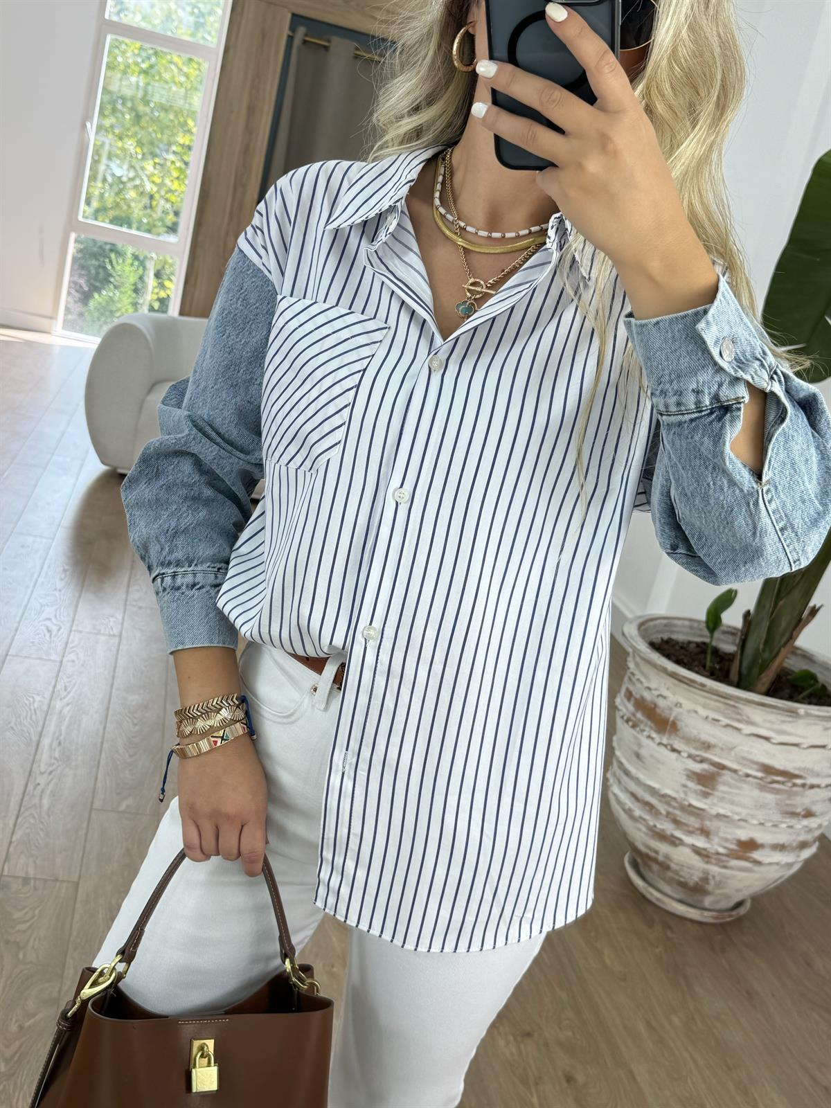 Kolları Denim Çizgili Gömlek