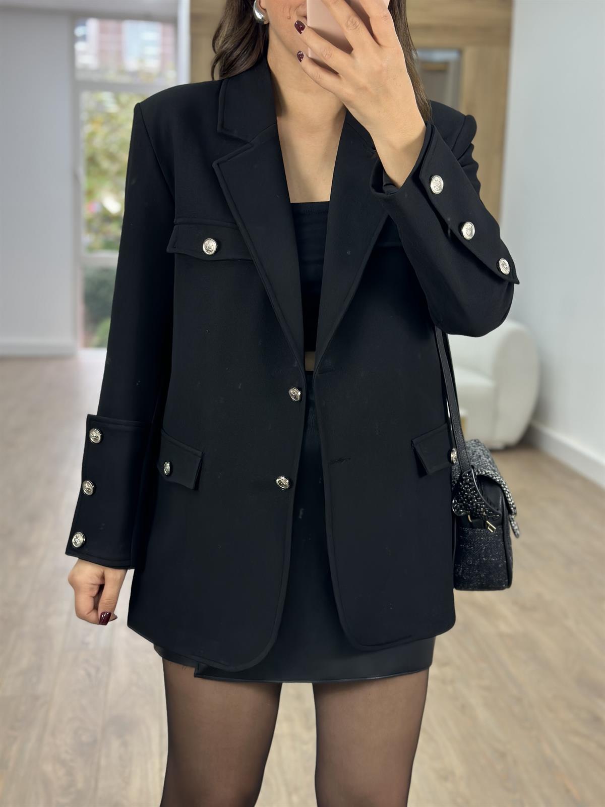 Kolları Düğmeli Tasarım Ceket-Siyah