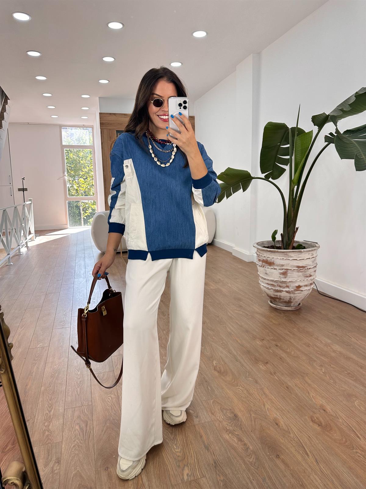 Kolları Fermuar Detaylı Denim Sweatshirt 