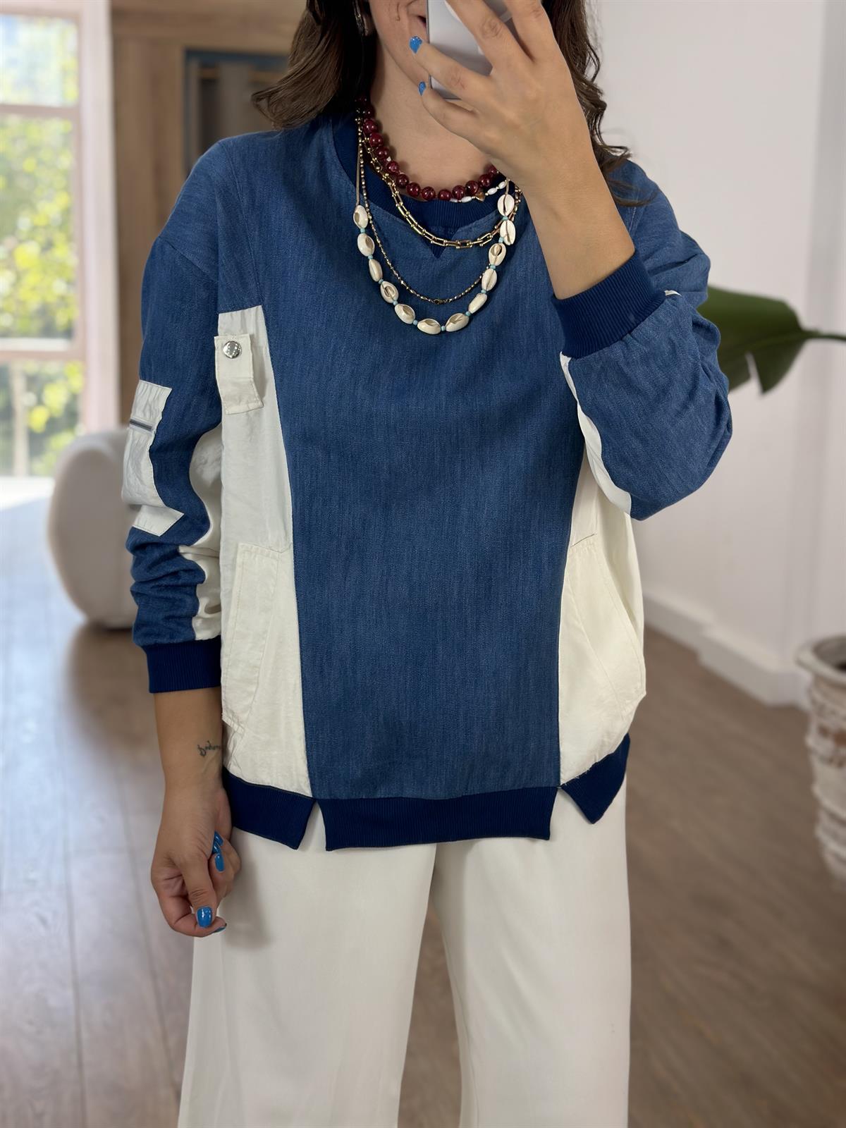 Kolları Fermuar Detaylı Denim Sweatshirt 