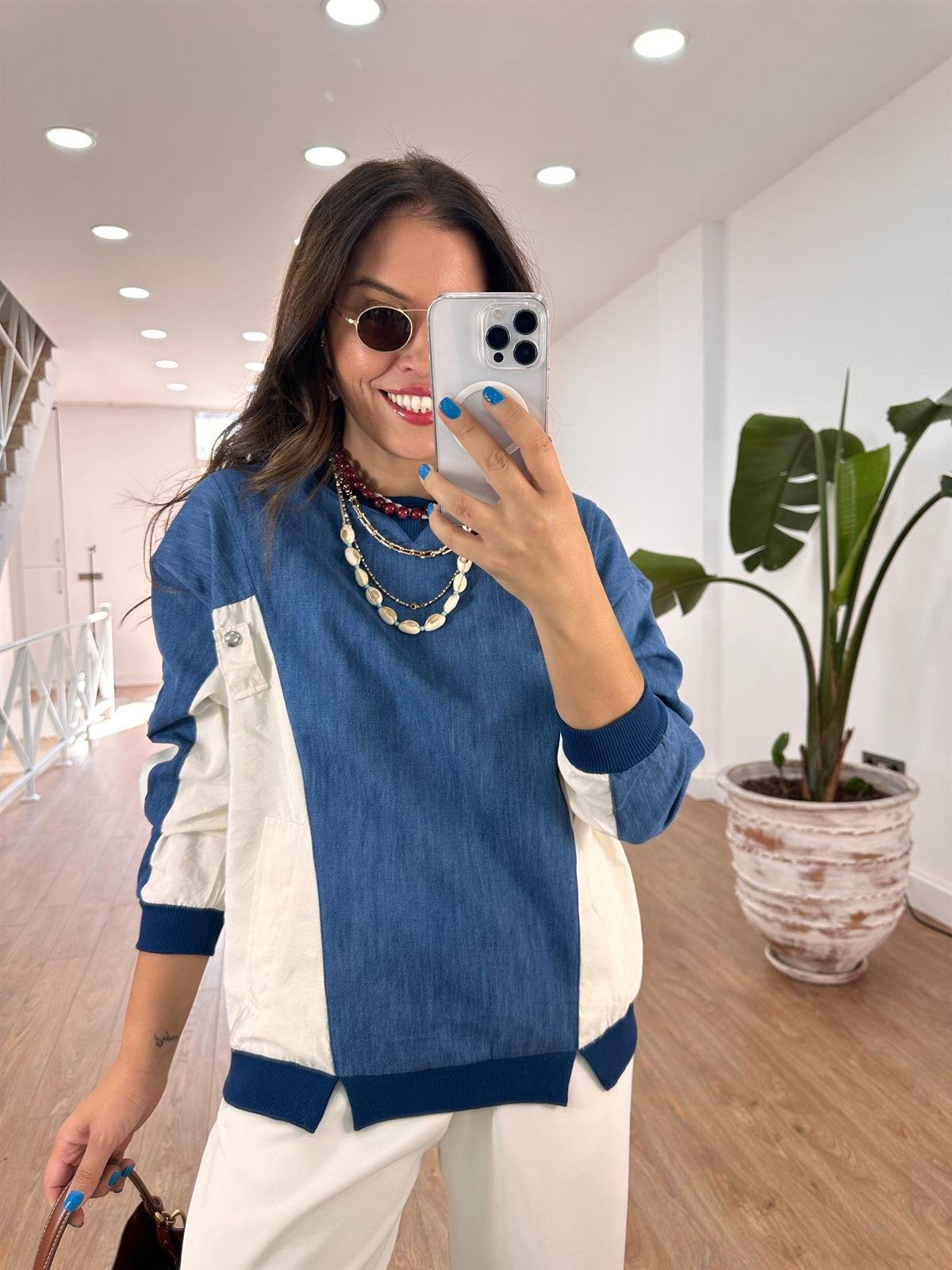 Kolları Fermuar Detaylı Denim Sweatshirt 