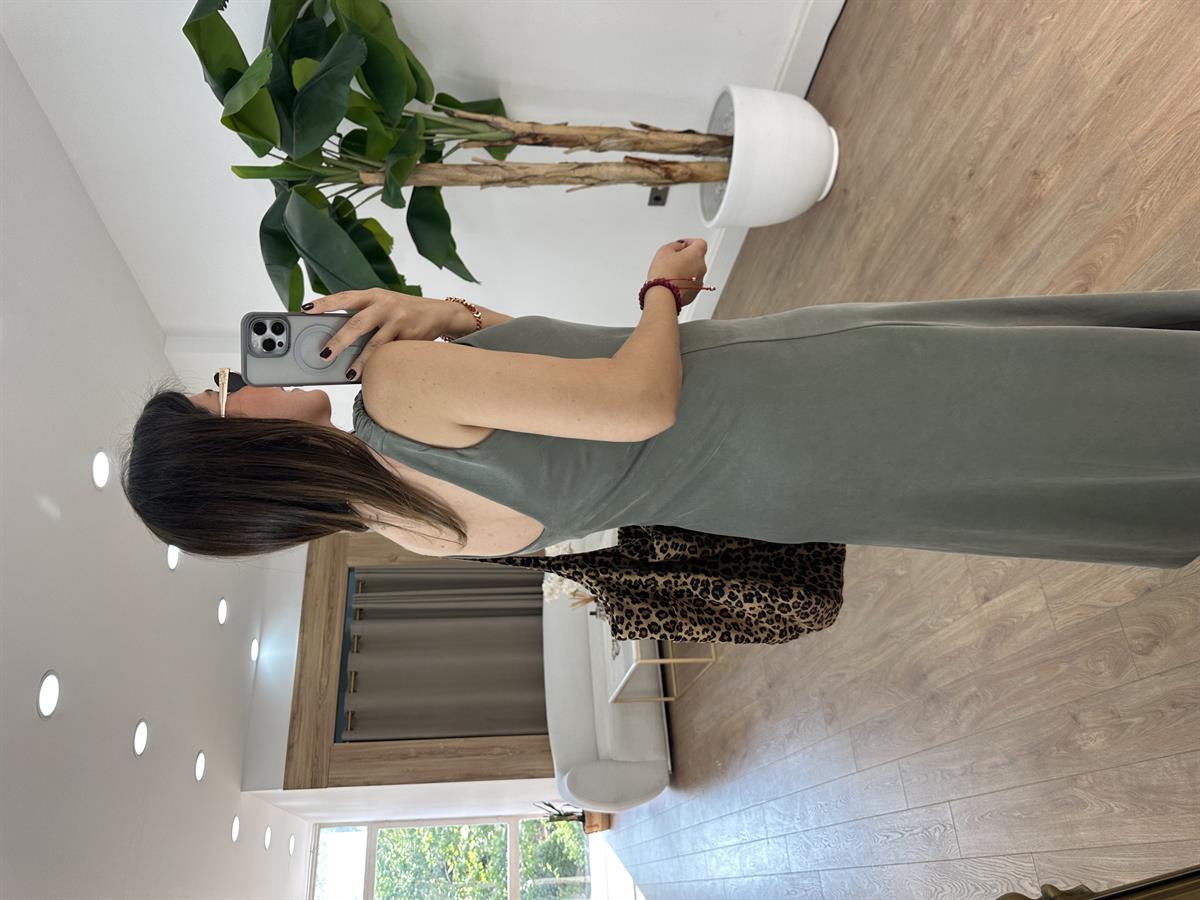 Kolları Lastikli Basic Modal Elbise - Haki