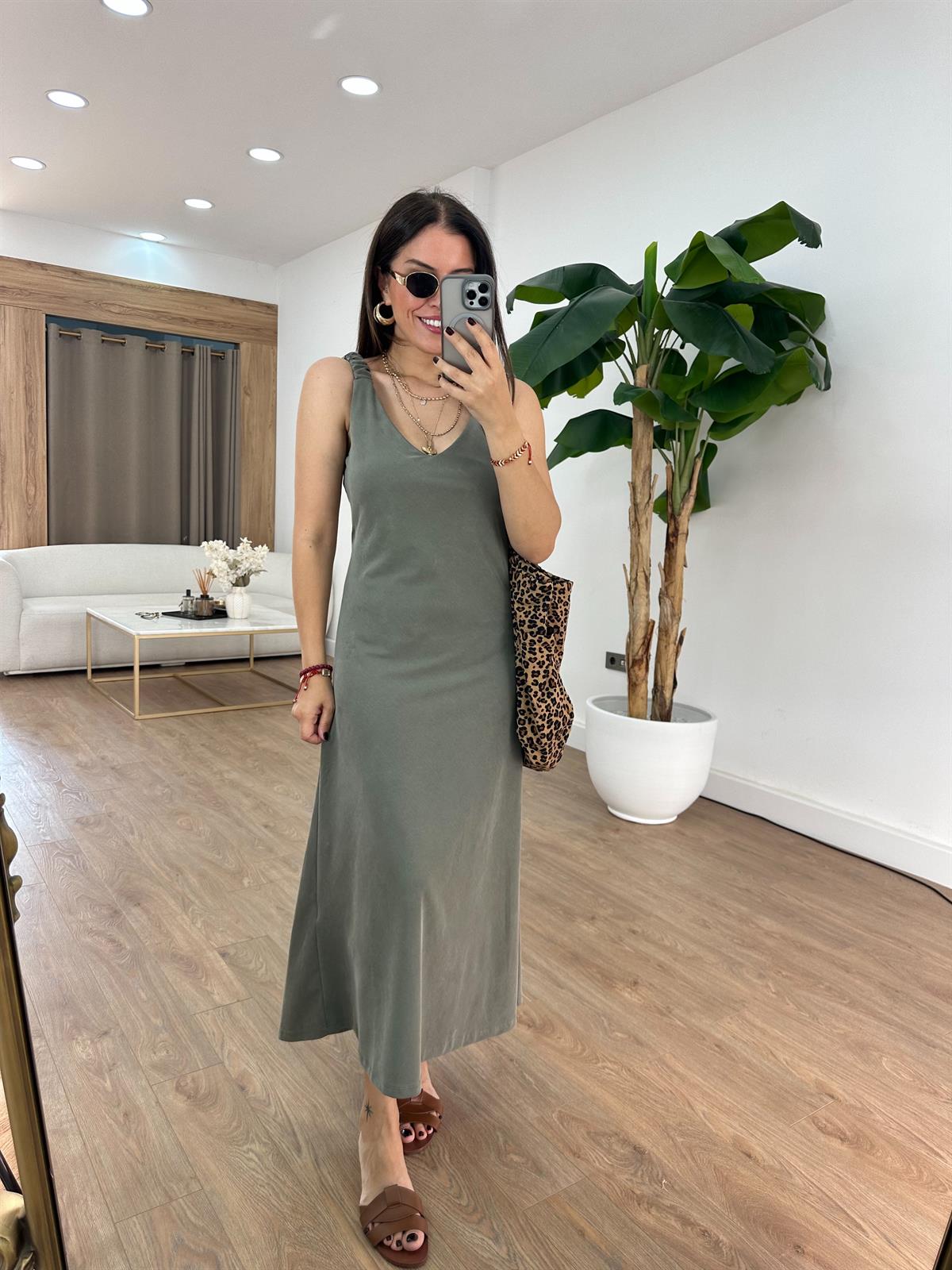 Kolları Lastikli Basic Modal Elbise - Haki