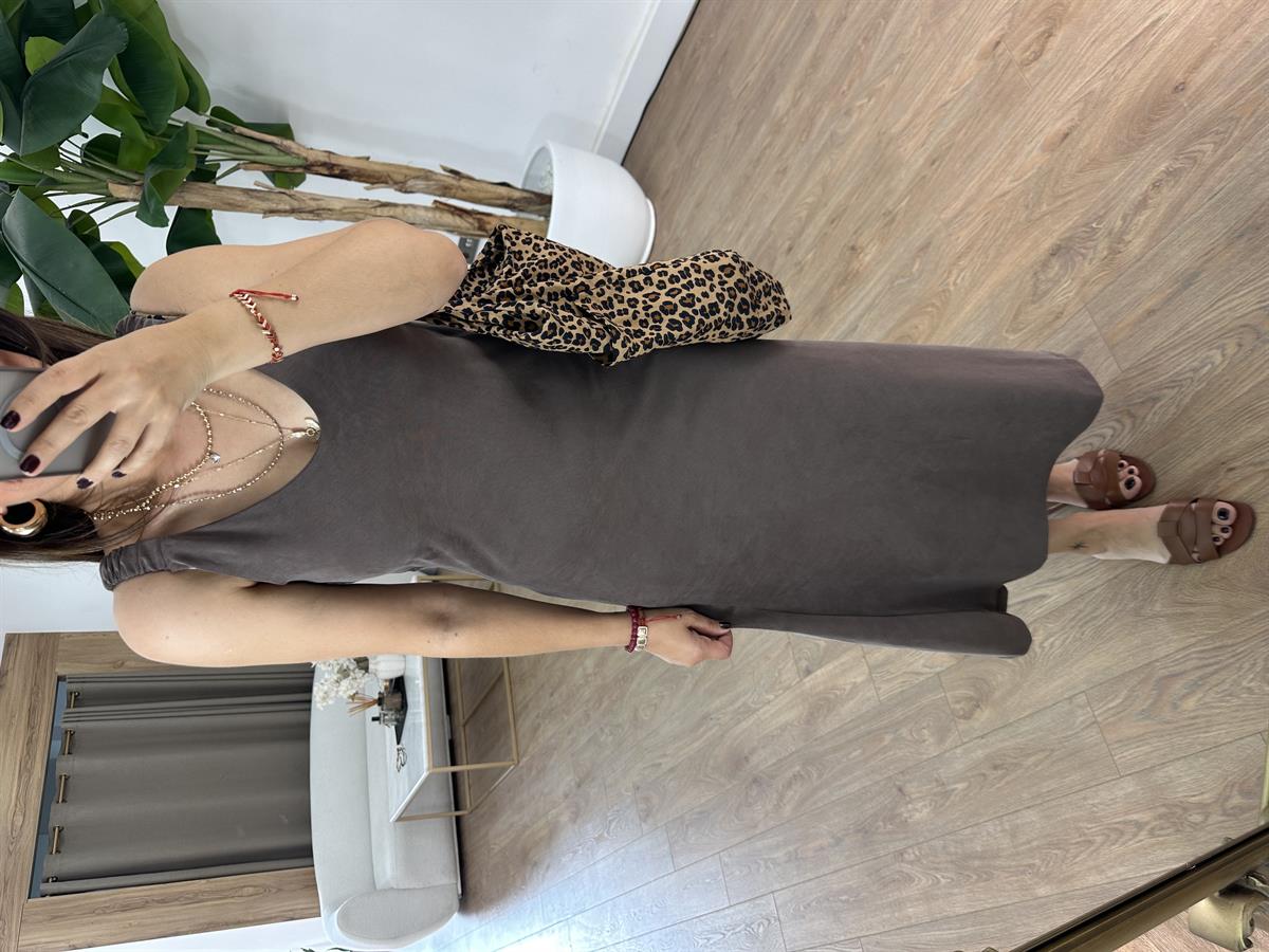 Kolları Lastikli Basic Modal Elbise - Kahverengi