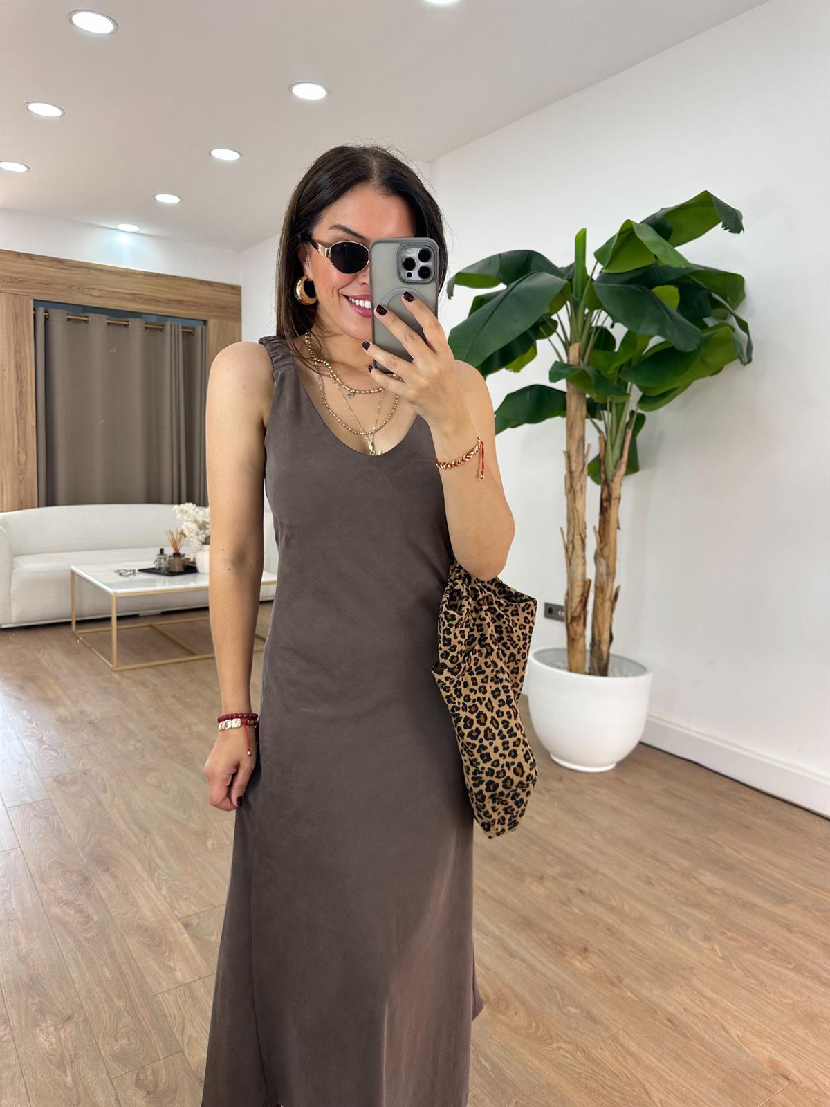 Kolları Lastikli Basic Modal Elbise - Kahverengi