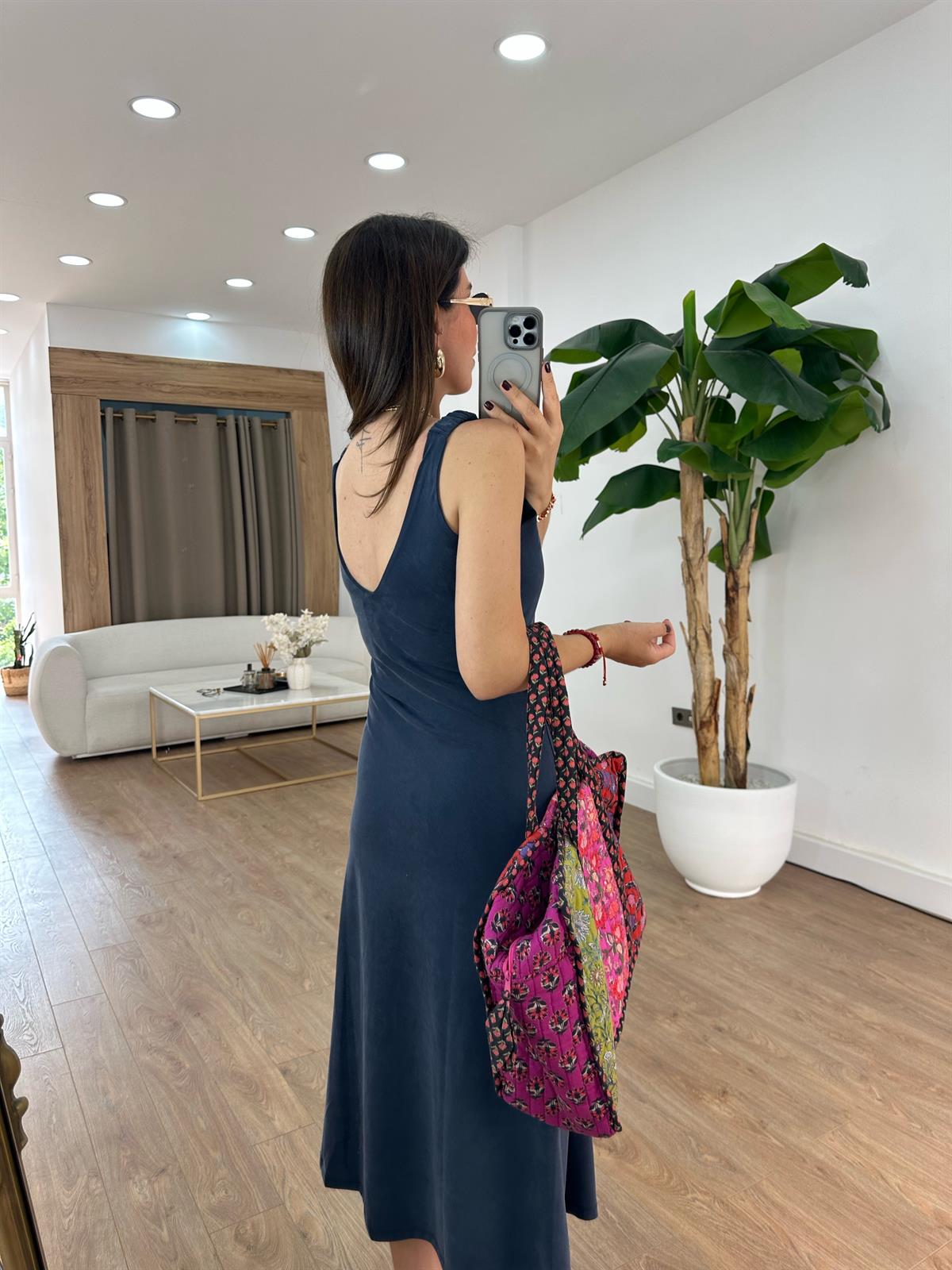 Kolları Lastikli Basic Modal Elbise - Lacivert