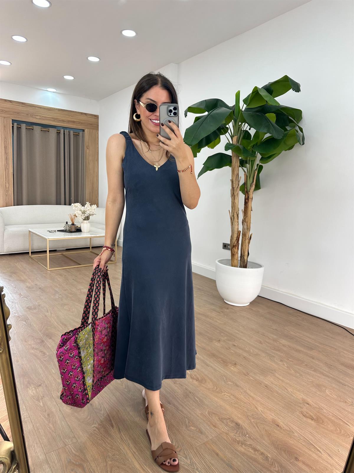 Kolları Lastikli Basic Modal Elbise - Lacivert