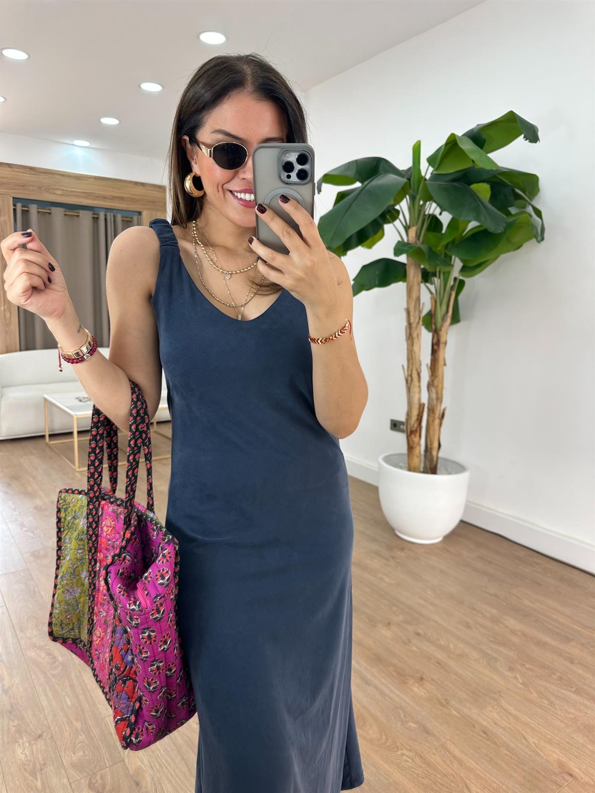 Kolları Lastikli Basic Modal Elbise - Lacivert