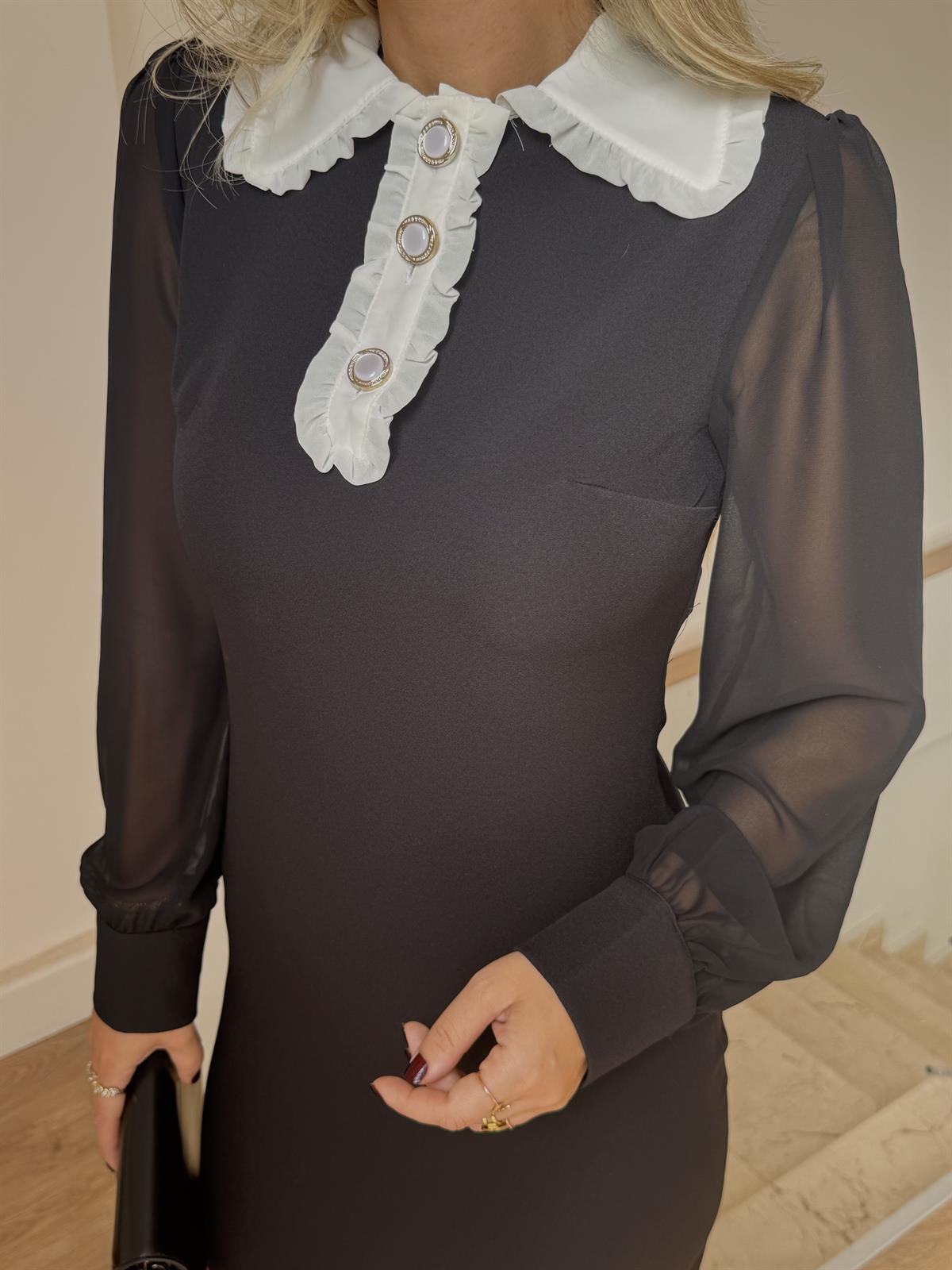 Kolları Şifon Yakası Fırfırlı Elbise 