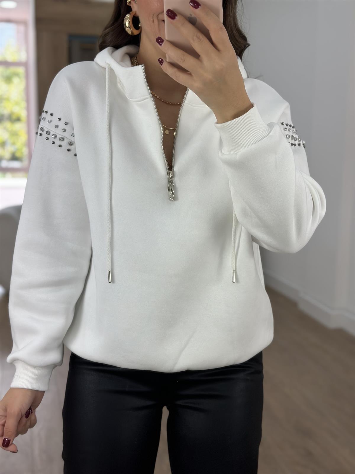 Kolları Taş Detaylı Yarım Fermuarlı Sweatshirt-Beyaz