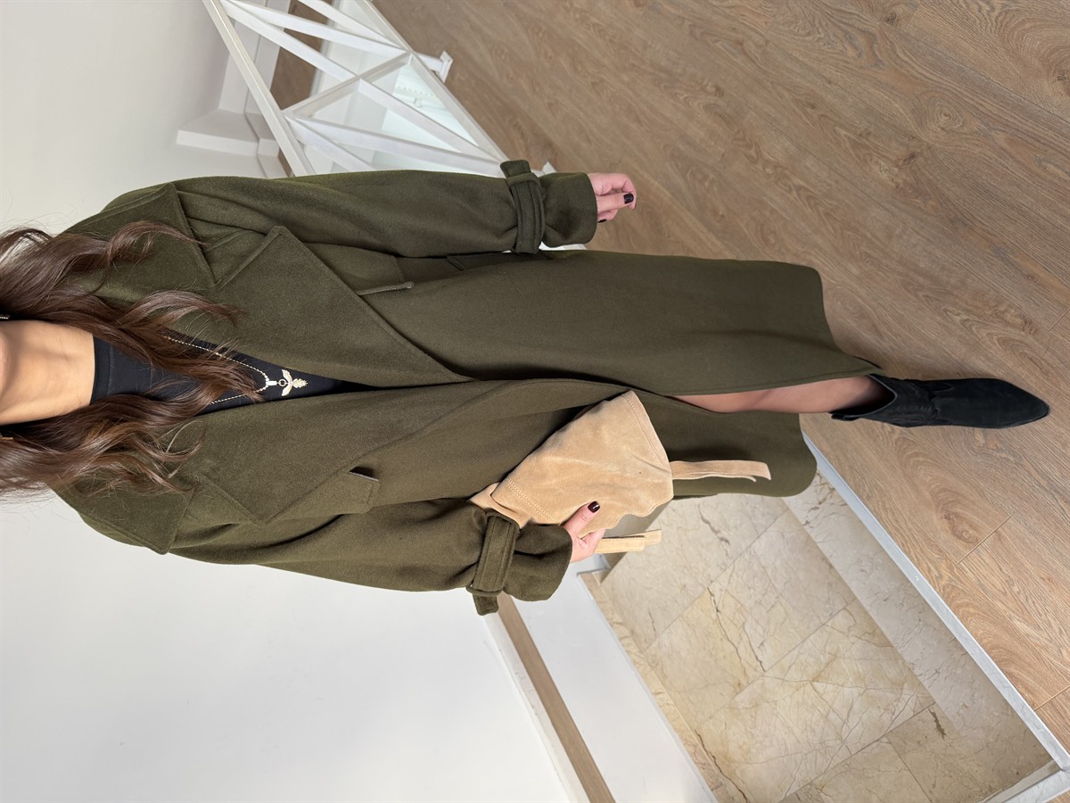 Kolları Tokalı Yünlü Kaban - Haki