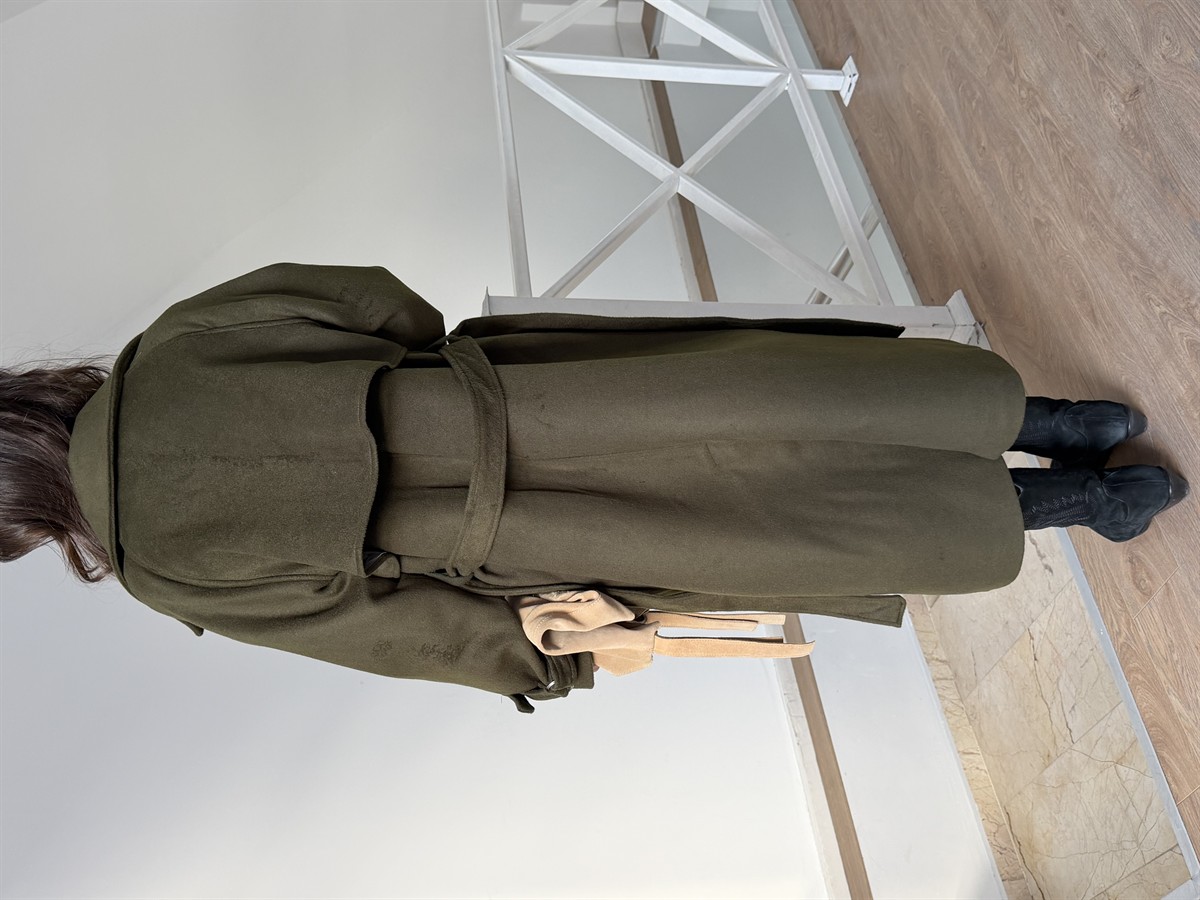 Kolları Tokalı Yünlü Kaban - Haki