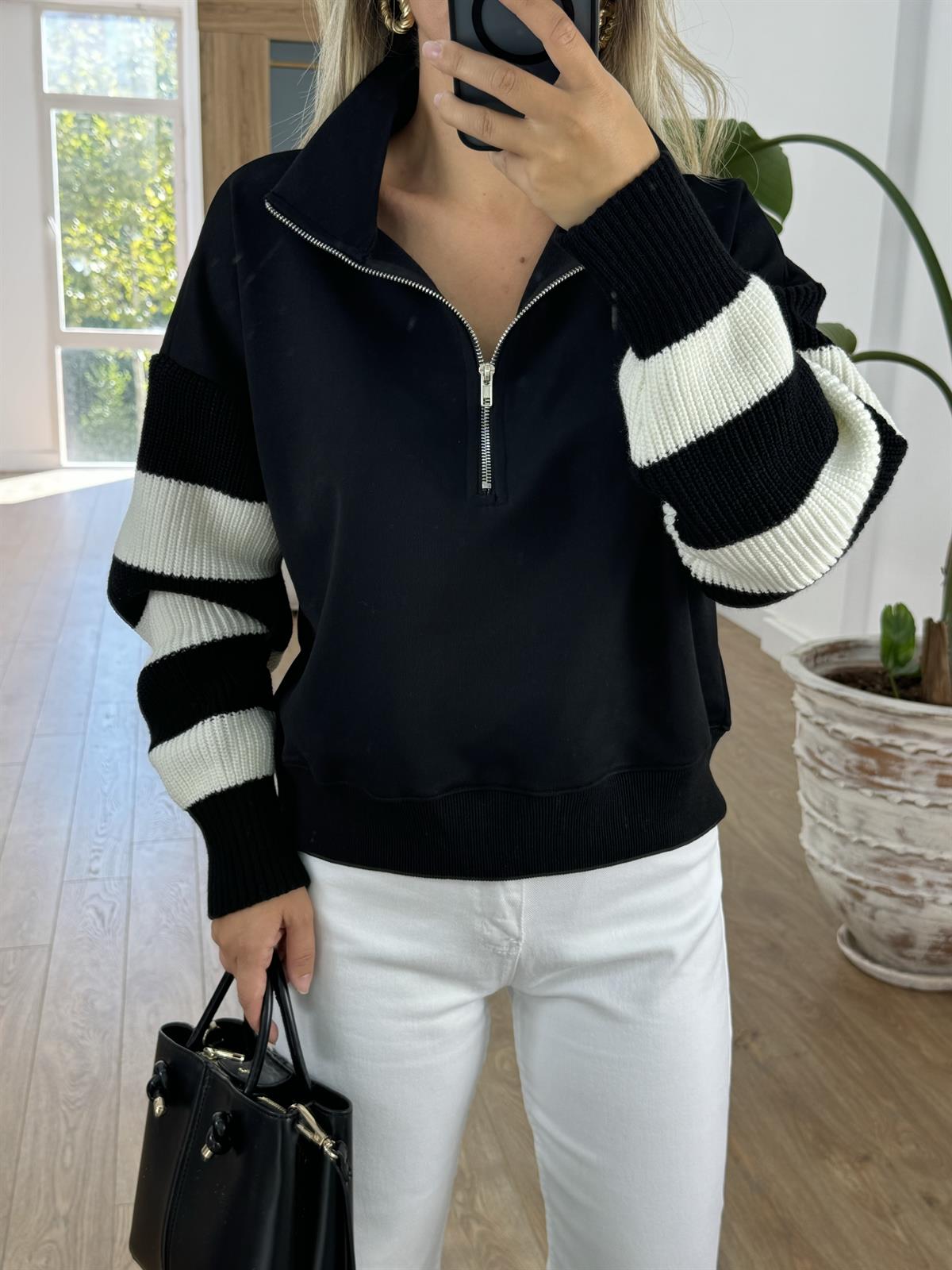 Kolları Triko Detaylı Basic Sweatshirt - Siyah