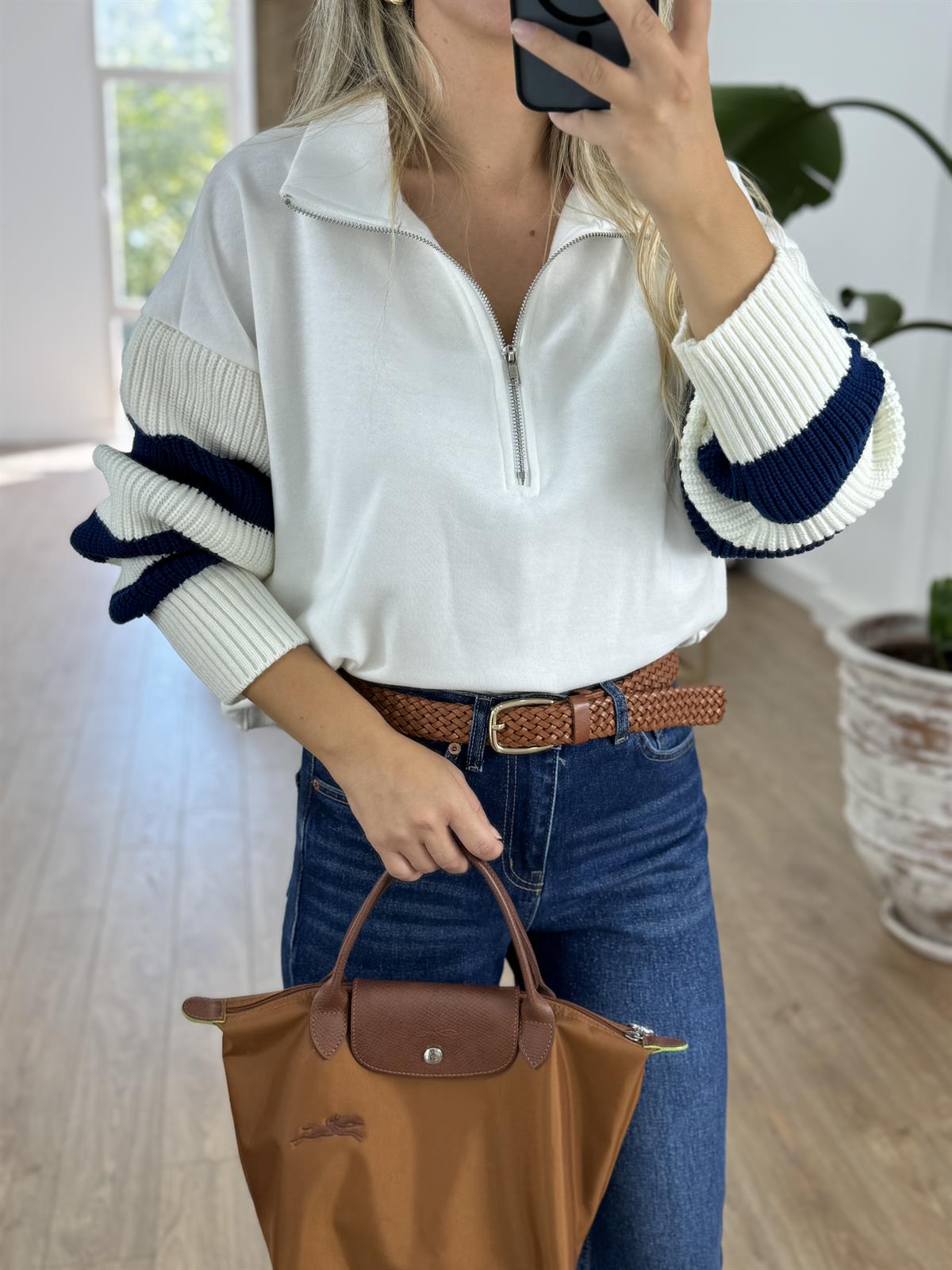 Kolları Triko Detaylı Basic Sweatshirt - Beyaz