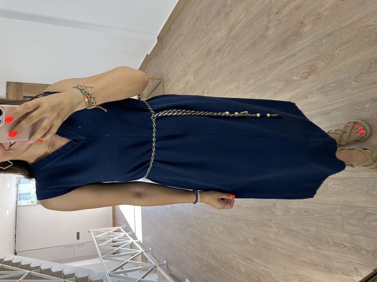 Kolsuz Hasır Kemerli Elbise Lacivert