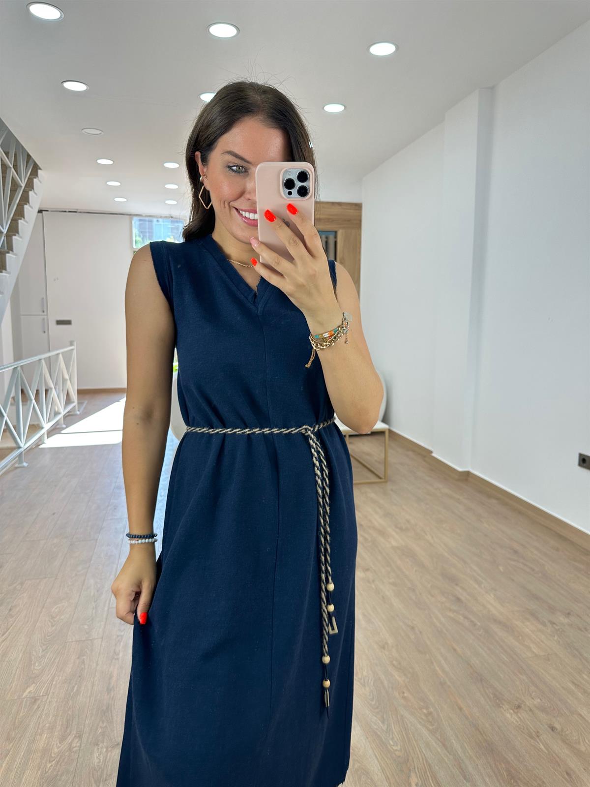 Kolsuz Hasır Kemerli Elbise Lacivert