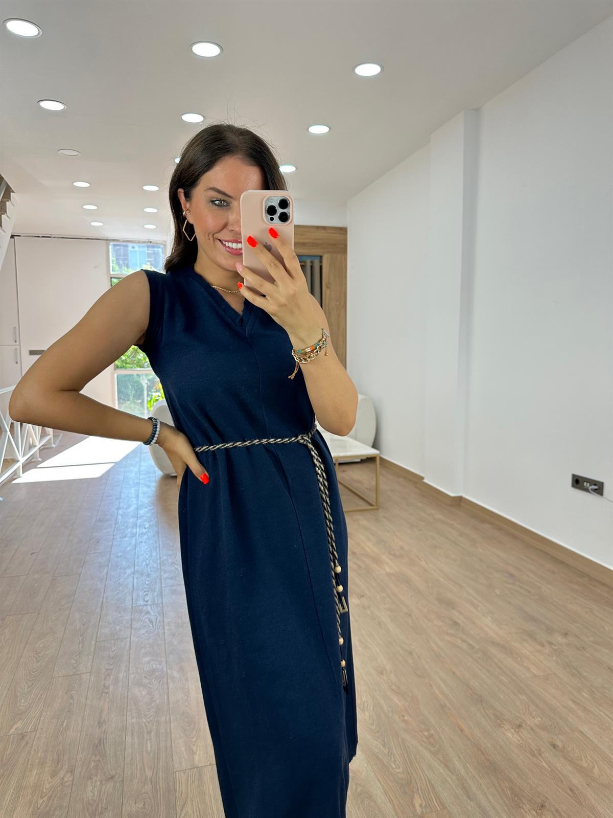 Kolsuz Hasır Kemerli Elbise Lacivert