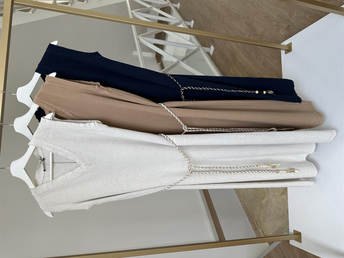 Kolsuz Hasır Kemerli Elbise Lacivert