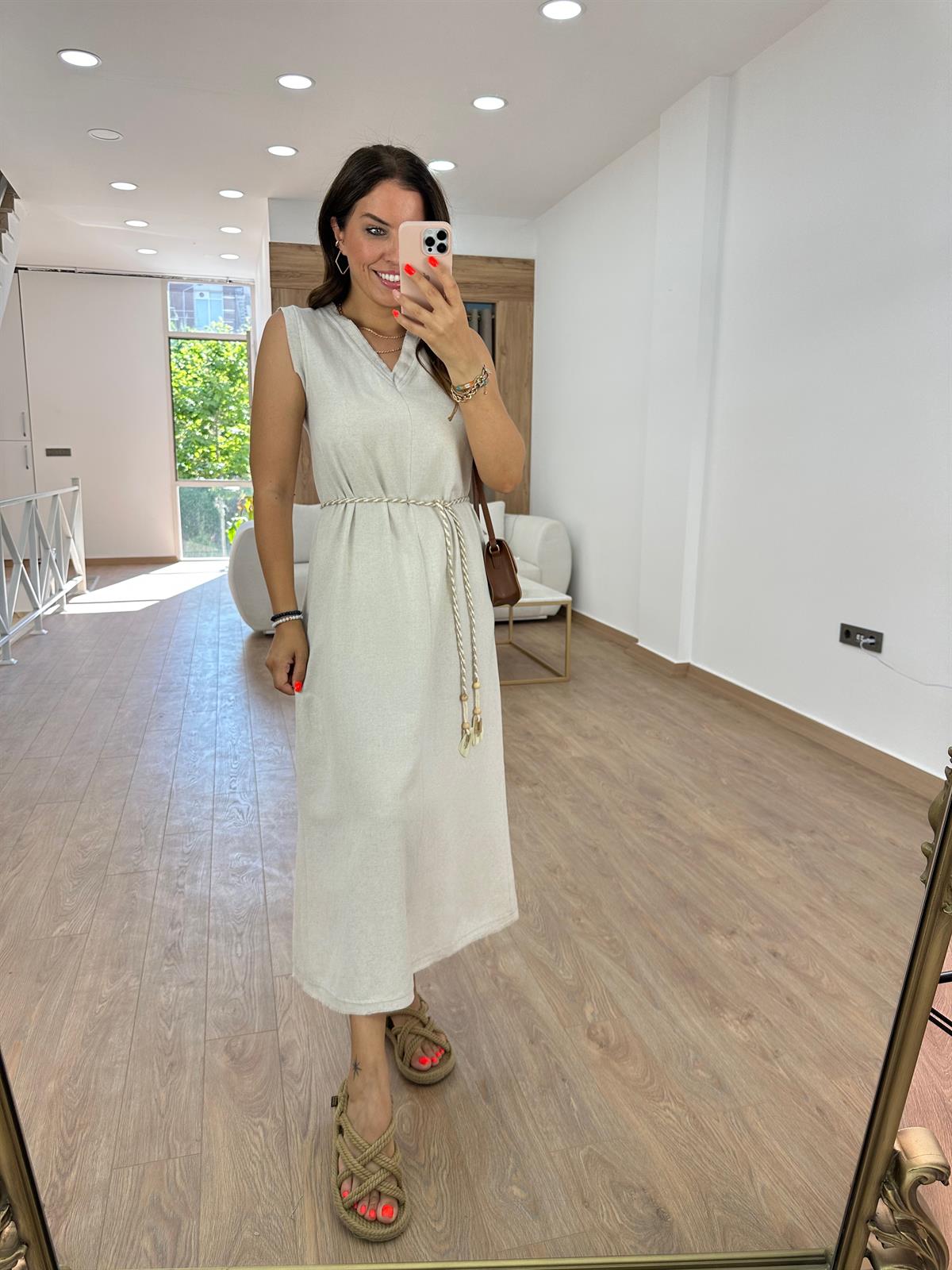 Kolsuz Hasır Kemerli Elbise Taş