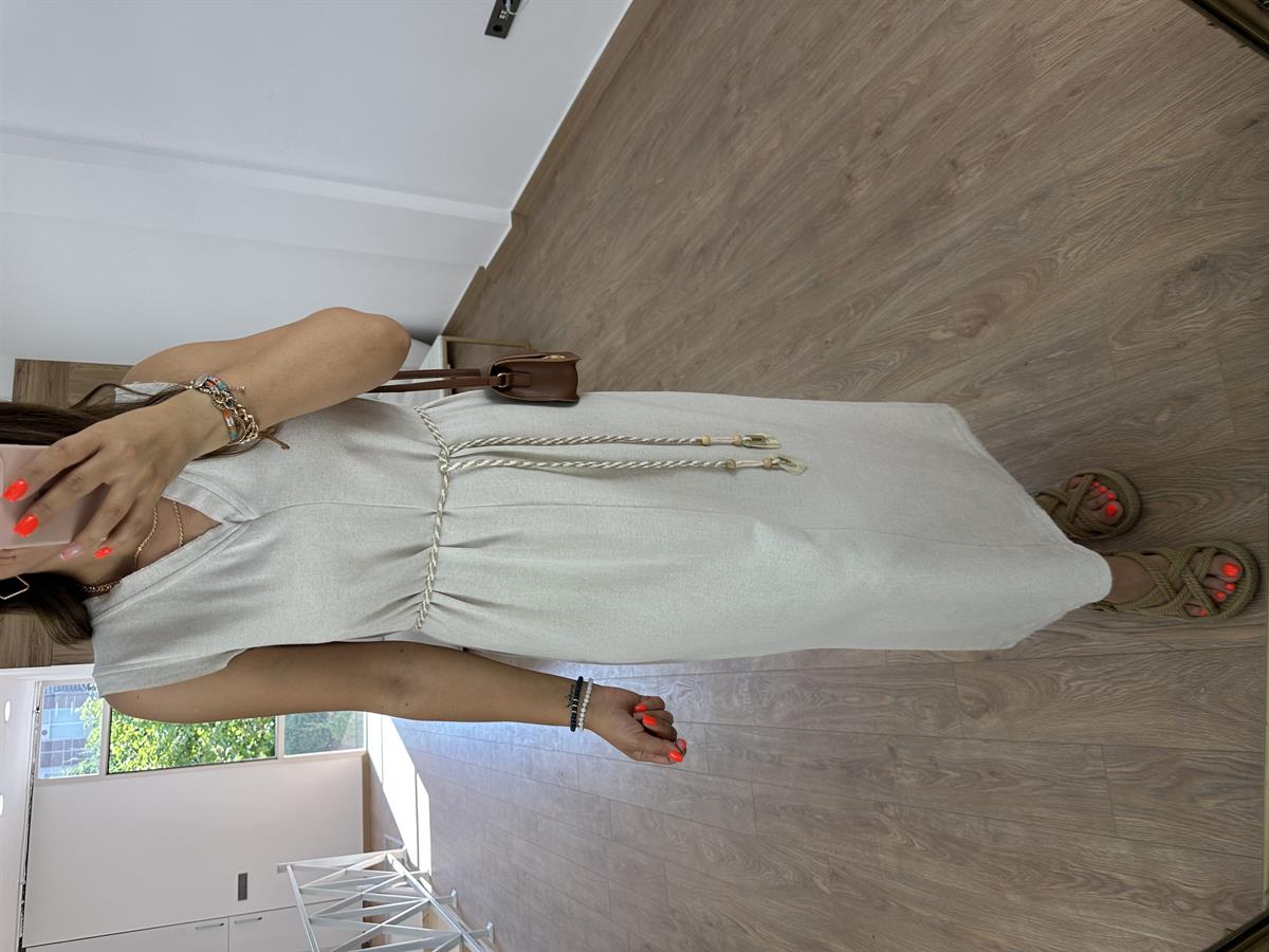 Kolsuz Hasır Kemerli Elbise Taş