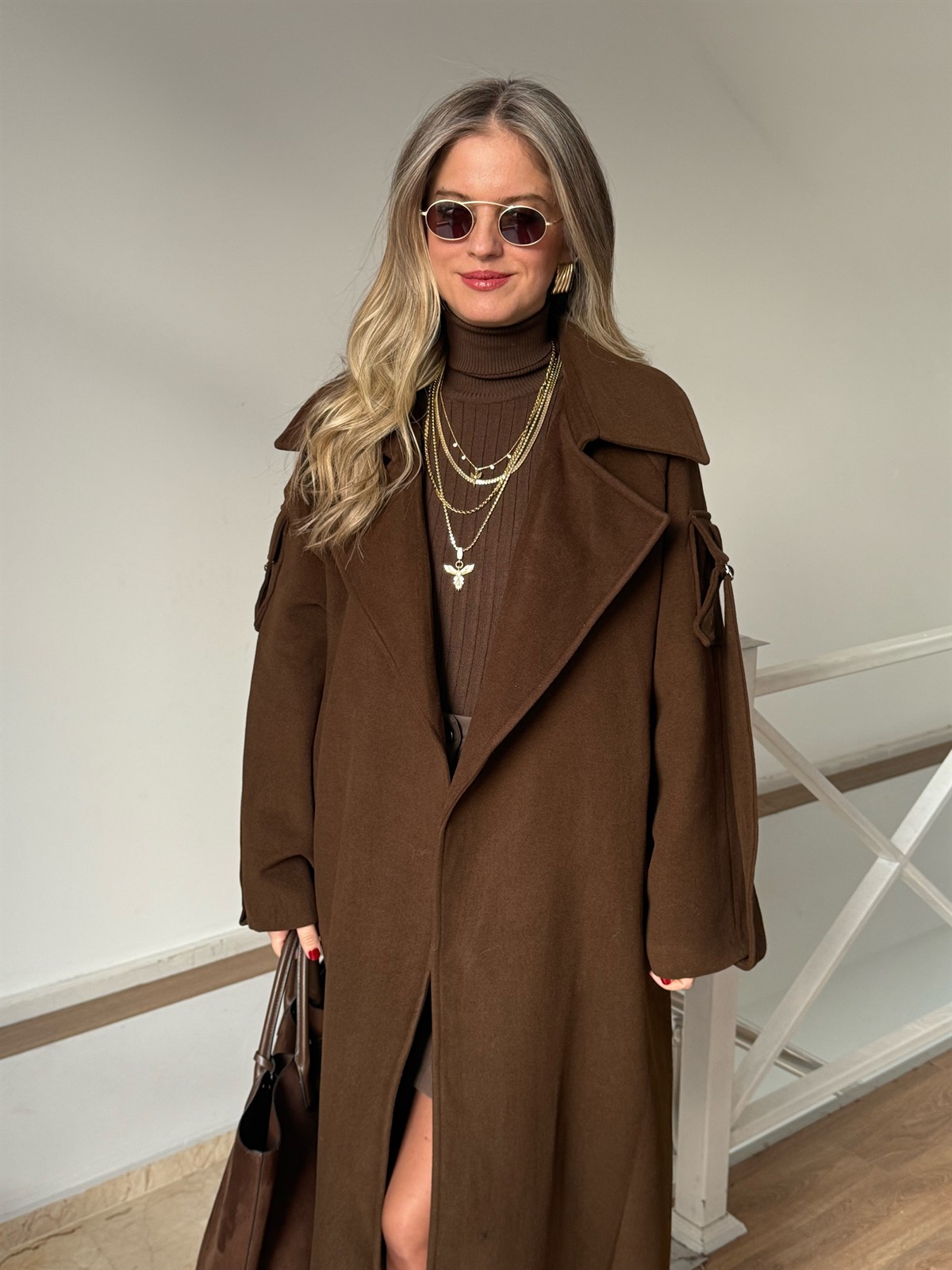 Kolu Apoletli Yünlü Kaban - Kahverengi