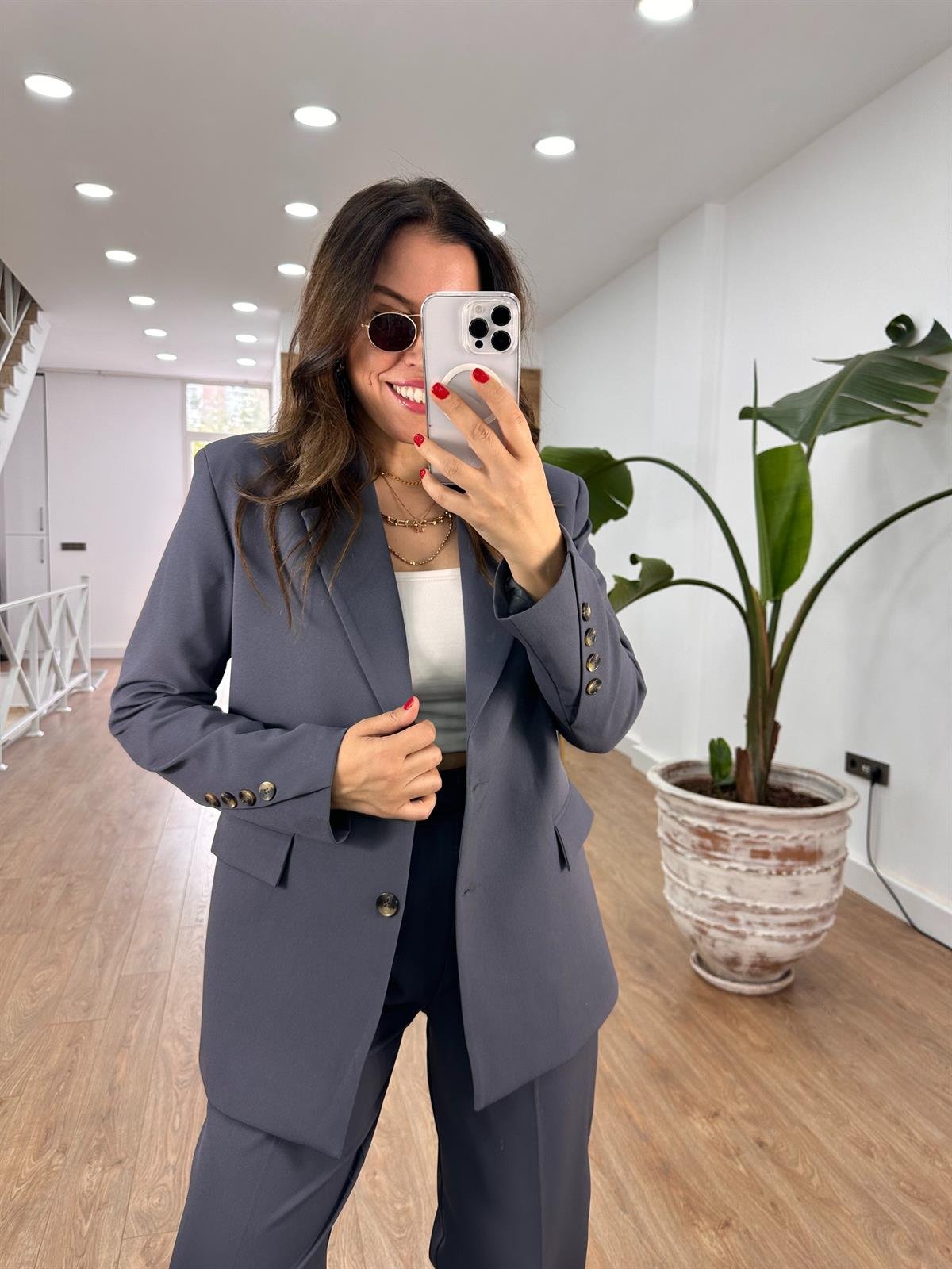 Kolu Düğme Detaylı Tasarım Ceket - Füme