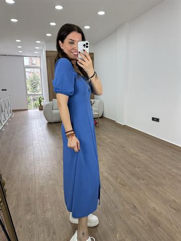 Kolu Lastikli Yırtmaçlı Midi Boy Elbise-İndigo