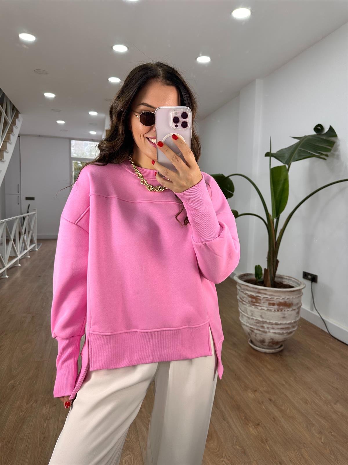 Kolu Ribanalı İçerisi Şardonlu  Sweatshirt - Pembe