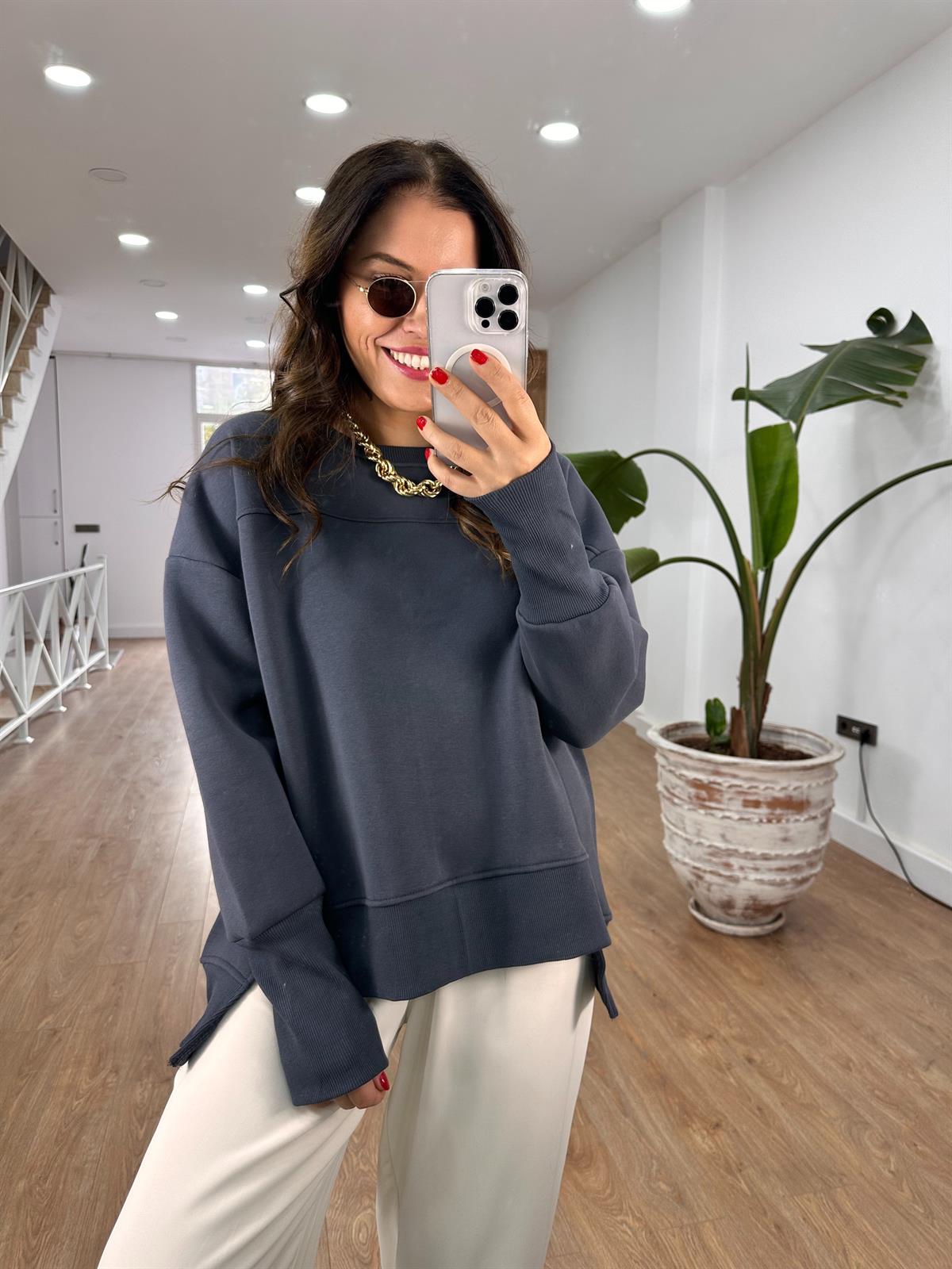 Kolu Ribanalı İçerisi Şardonlu  Sweatshirt - Gri