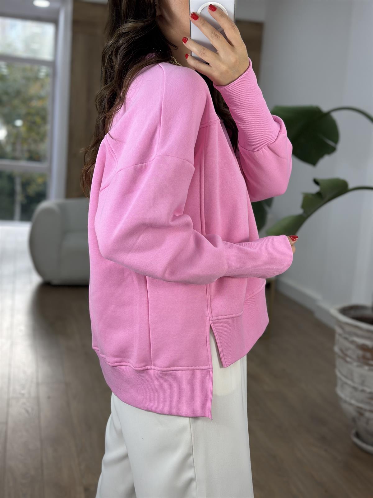 Kolu Ribanalı İçerisi Şardonlu  Sweatshirt - Pembe