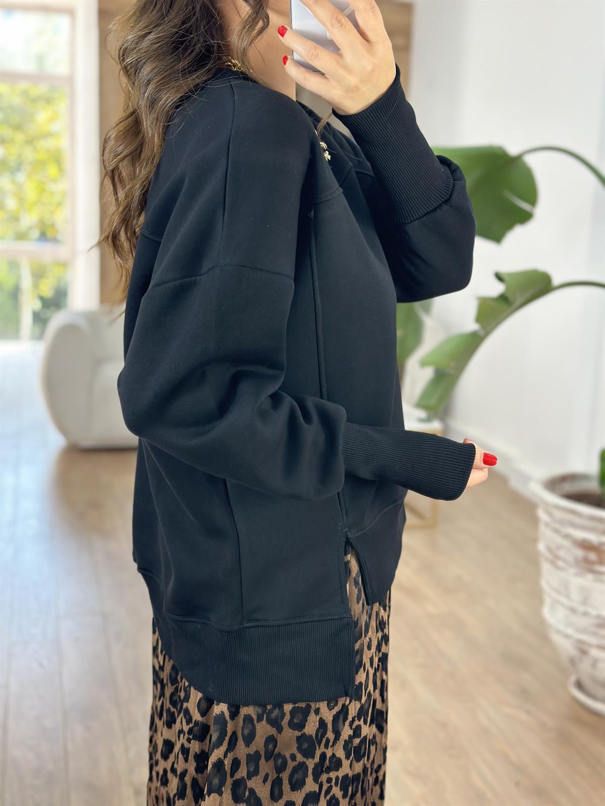 Kolu Ribanalı İçerisi Şardonlu  Sweatshirt - Siyah