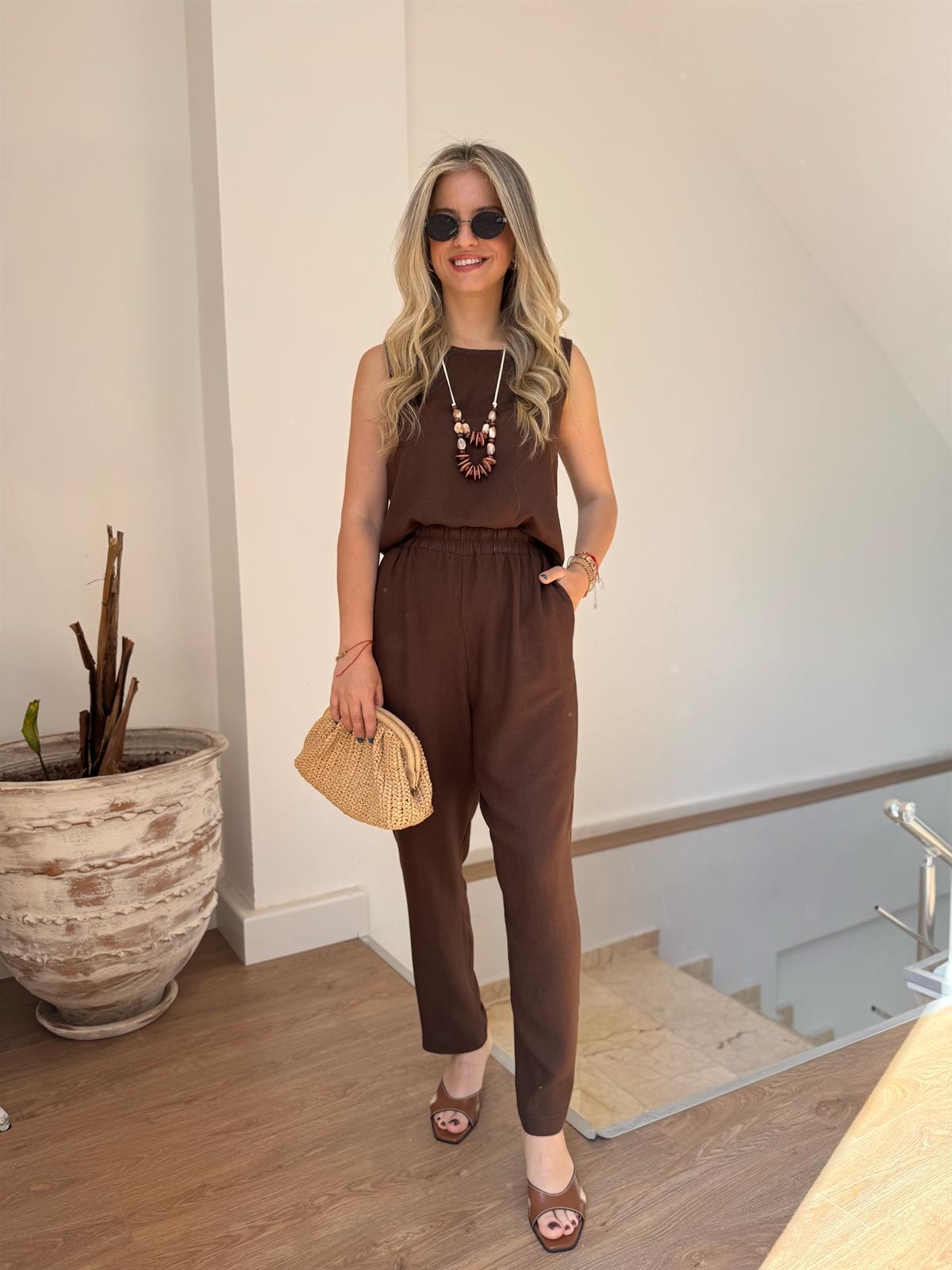 Kolyeli Pamuk Keten Takım - Acı Kahve