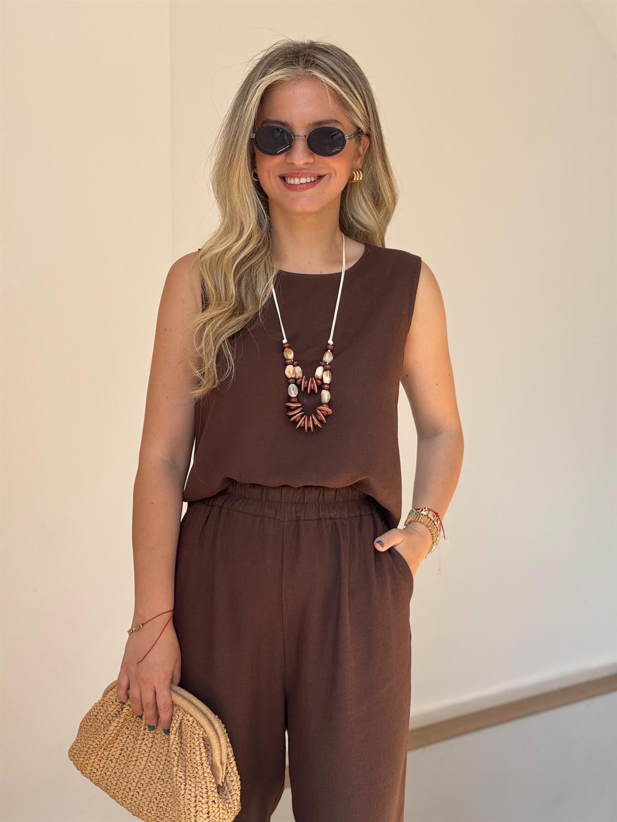 Kolyeli Pamuk Keten Takım - Acı Kahve