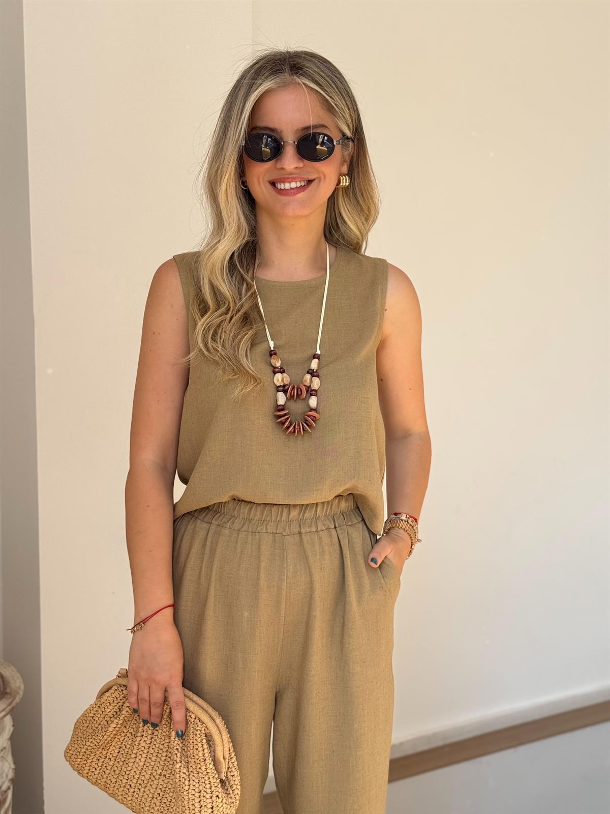 Kolyeli Pamuk Keten Takım - Haki