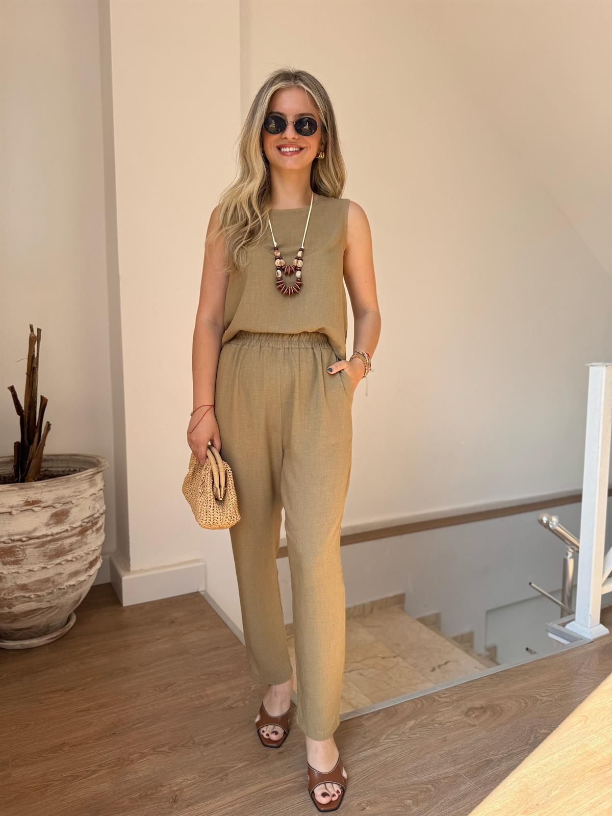 Kolyeli Pamuk Keten Takım - Haki