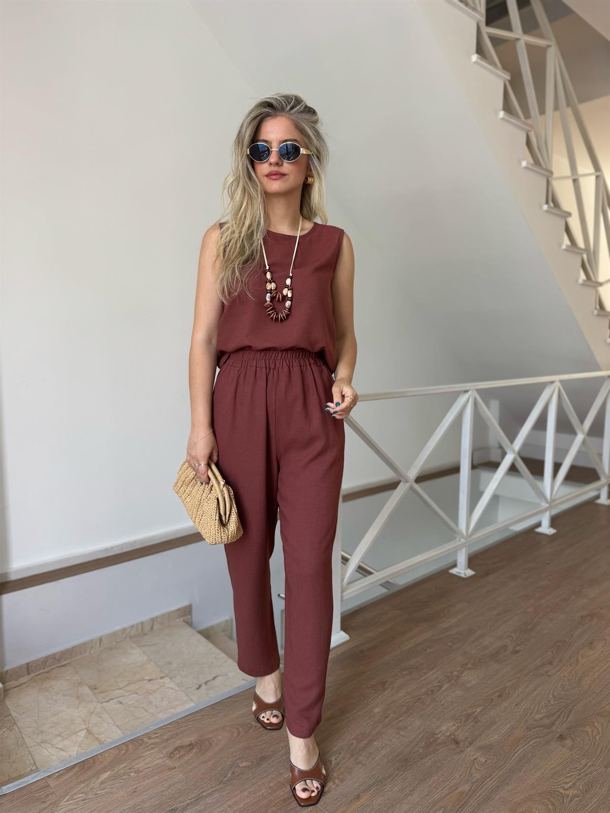 Kolyeli Pamuk Keten Takım - Kiremit