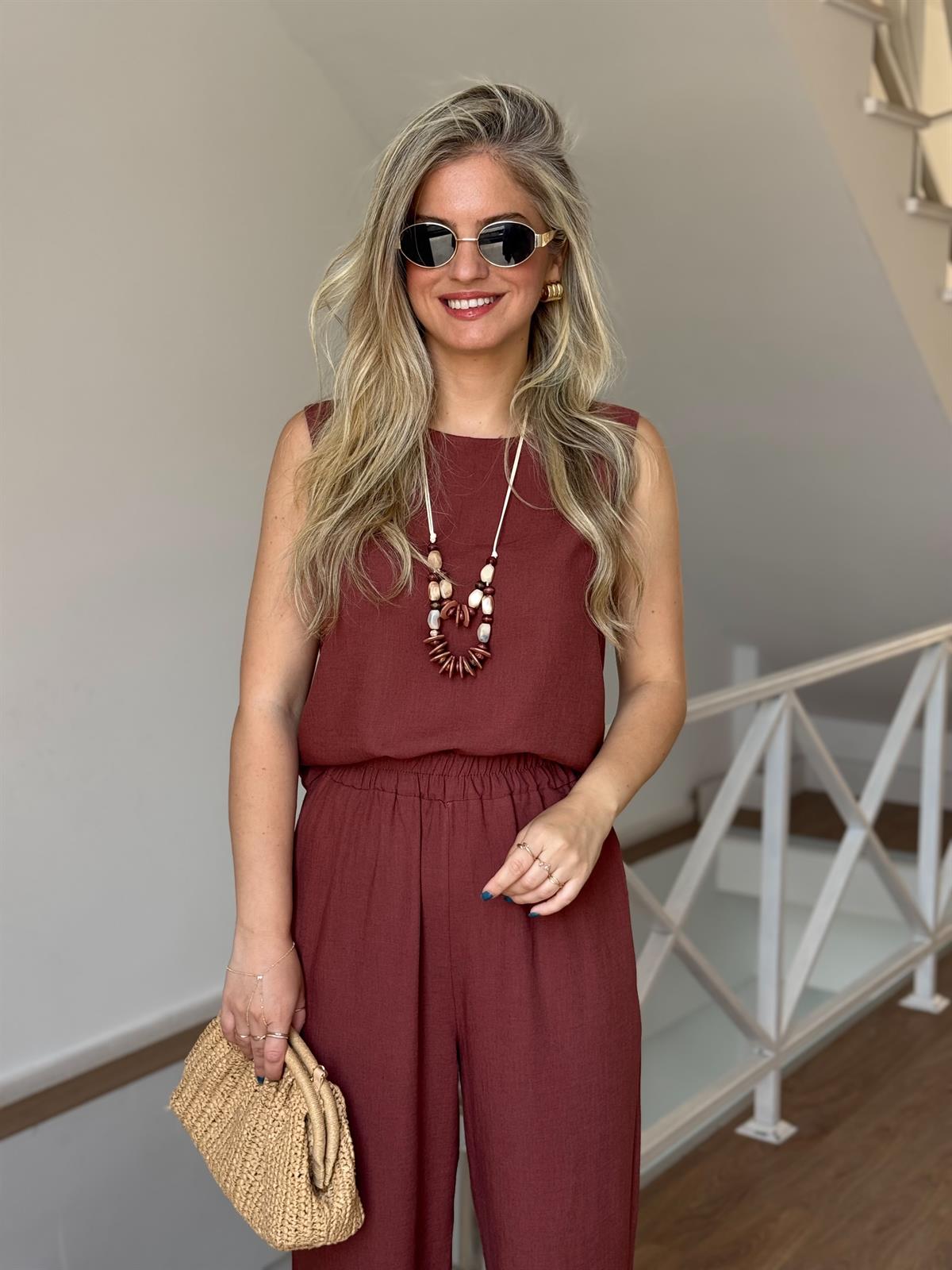 Kolyeli Pamuk Keten Takım - Kiremit