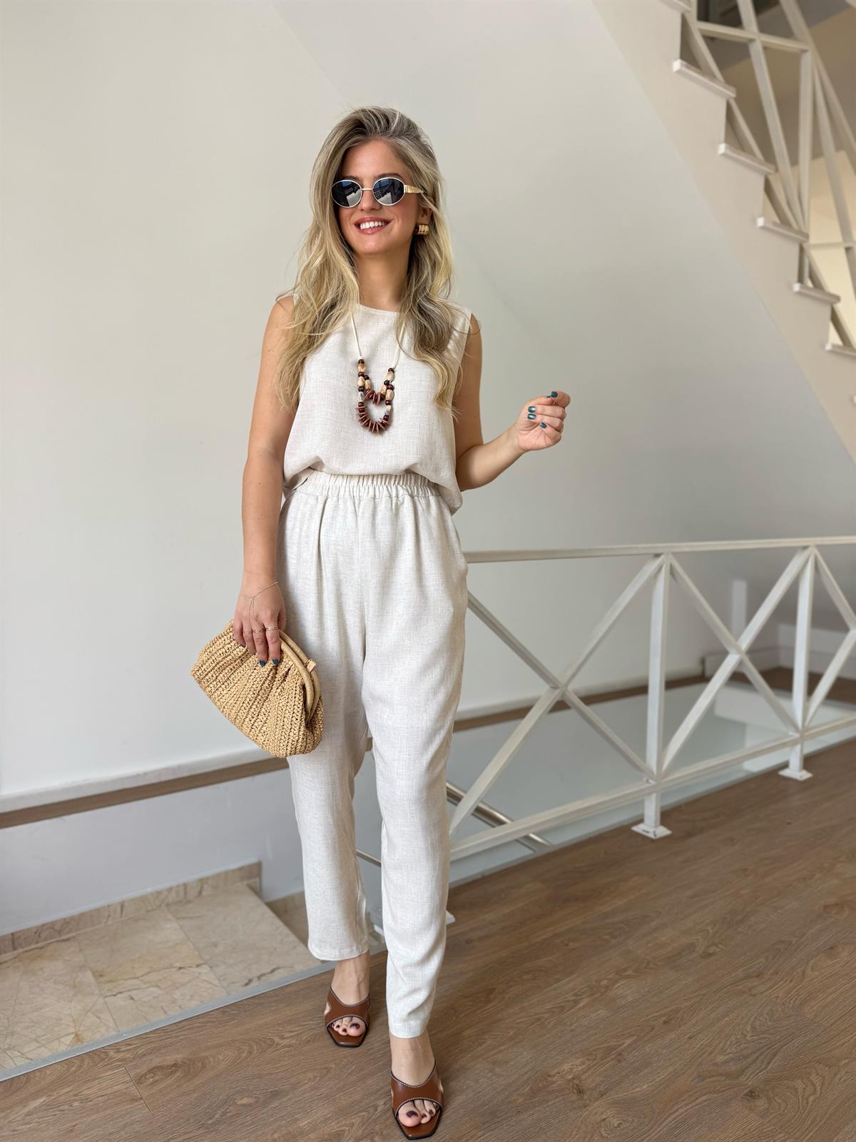 Kolyeli Pamuk Keten Takım - Naturel