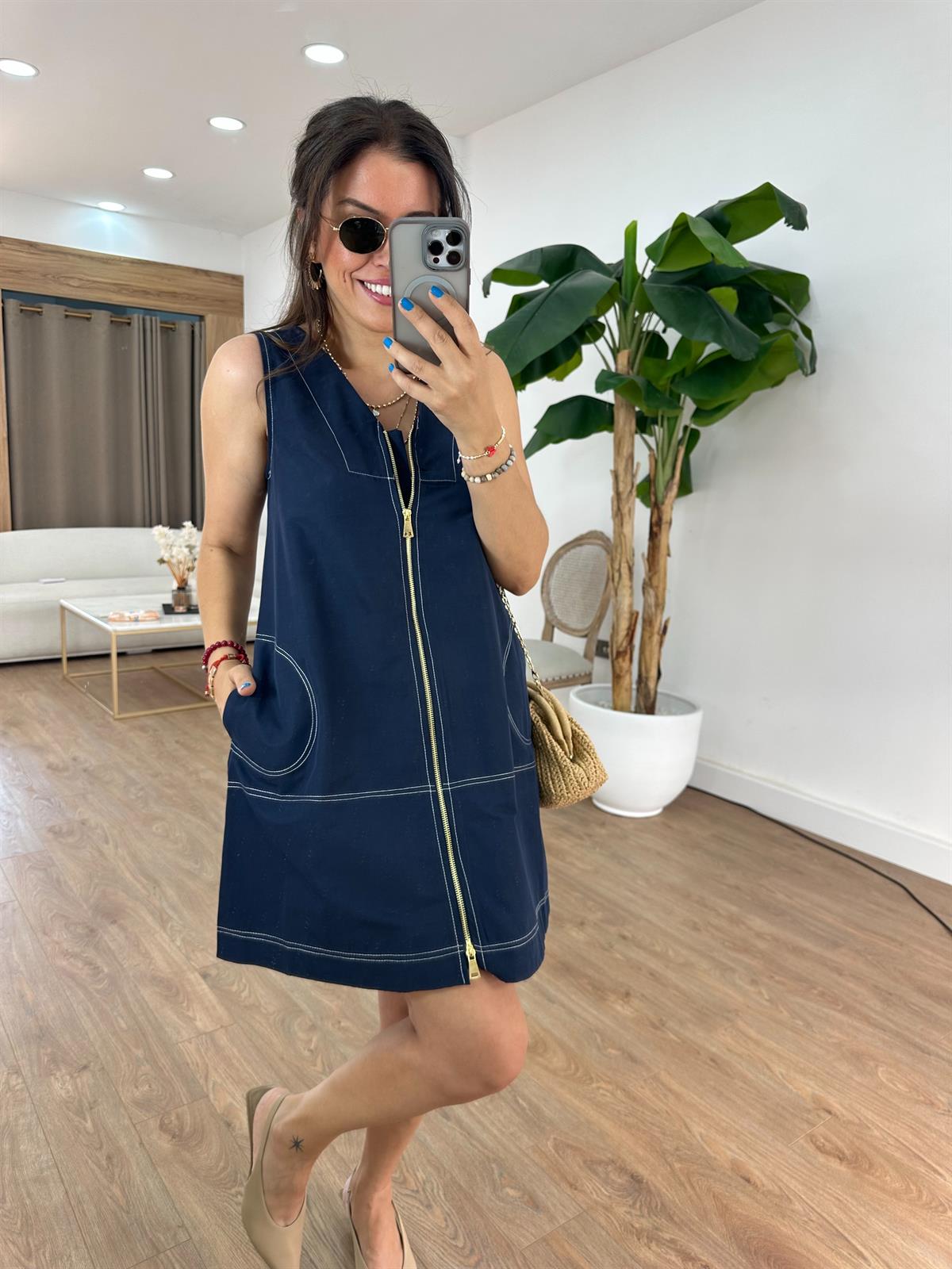 Kontrast Dikiş Detaylı Fermuarlı Elbise