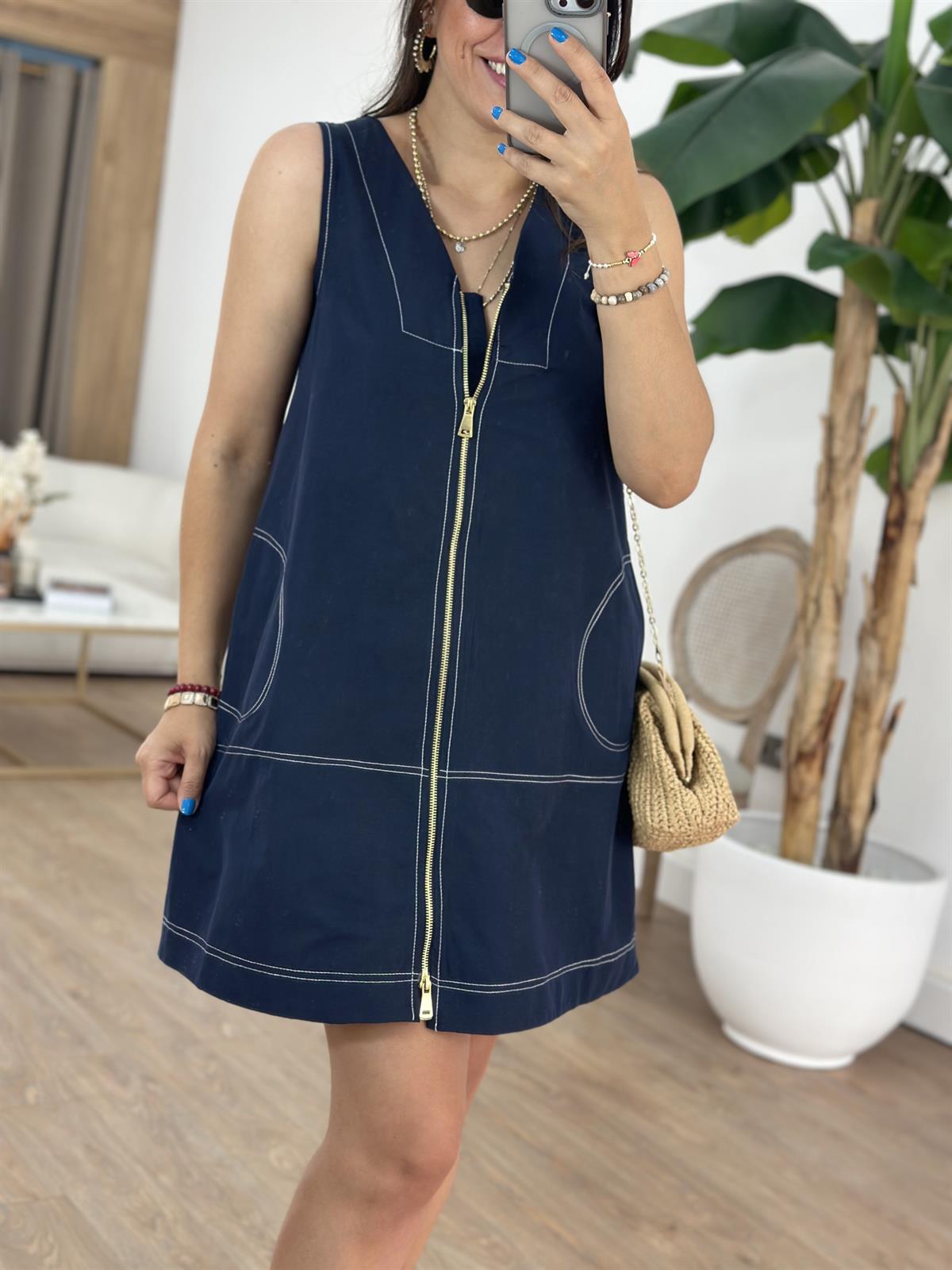 Kontrast Dikiş Detaylı Fermuarlı Elbise