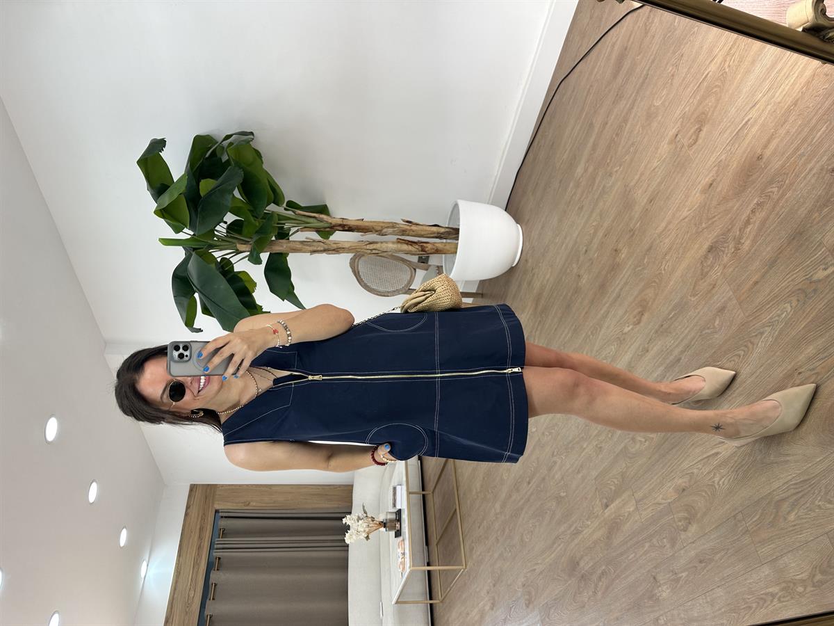 Kontrast Dikiş Detaylı Fermuarlı Elbise