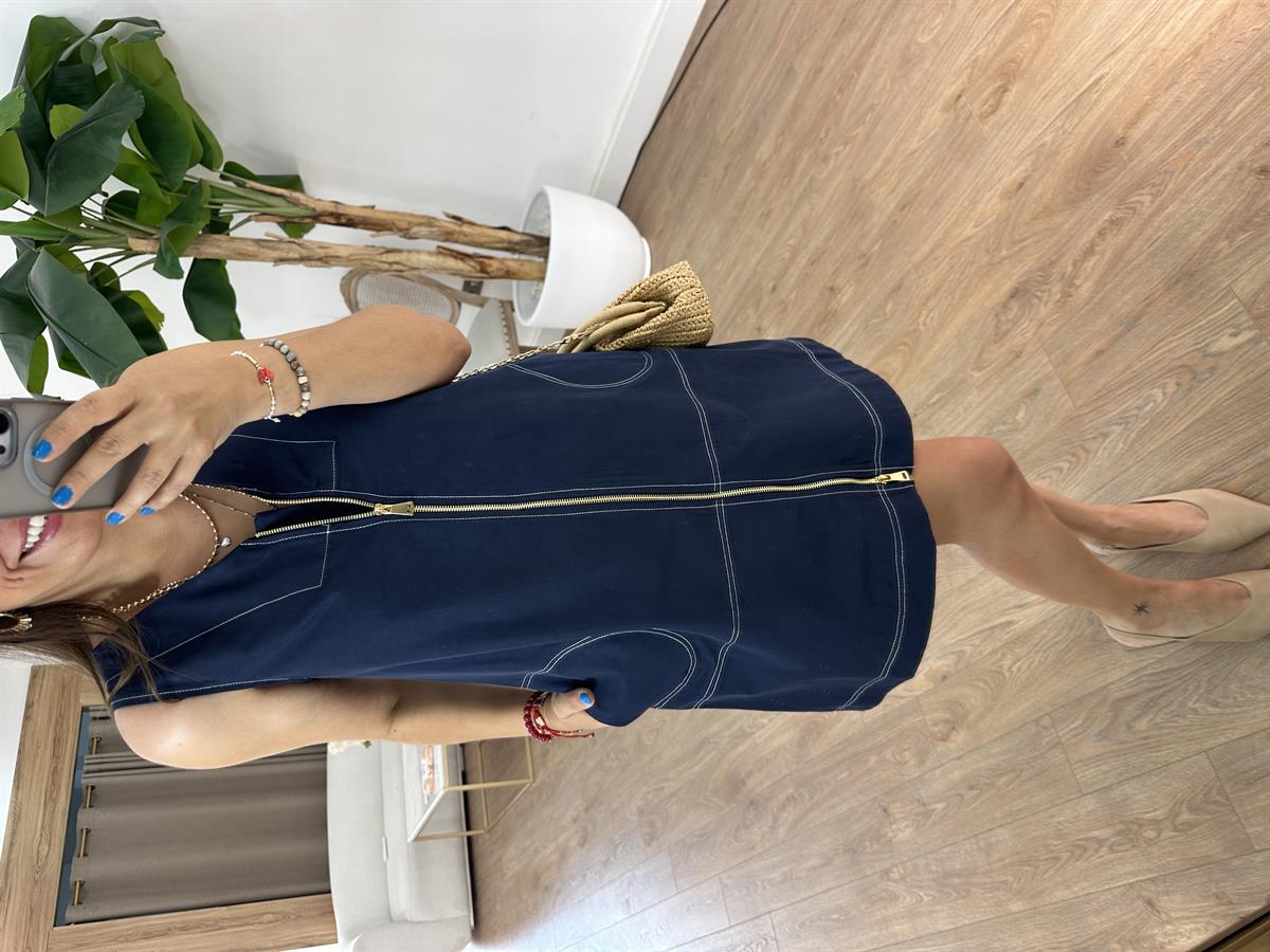 Kontrast Dikiş Detaylı Fermuarlı Elbise