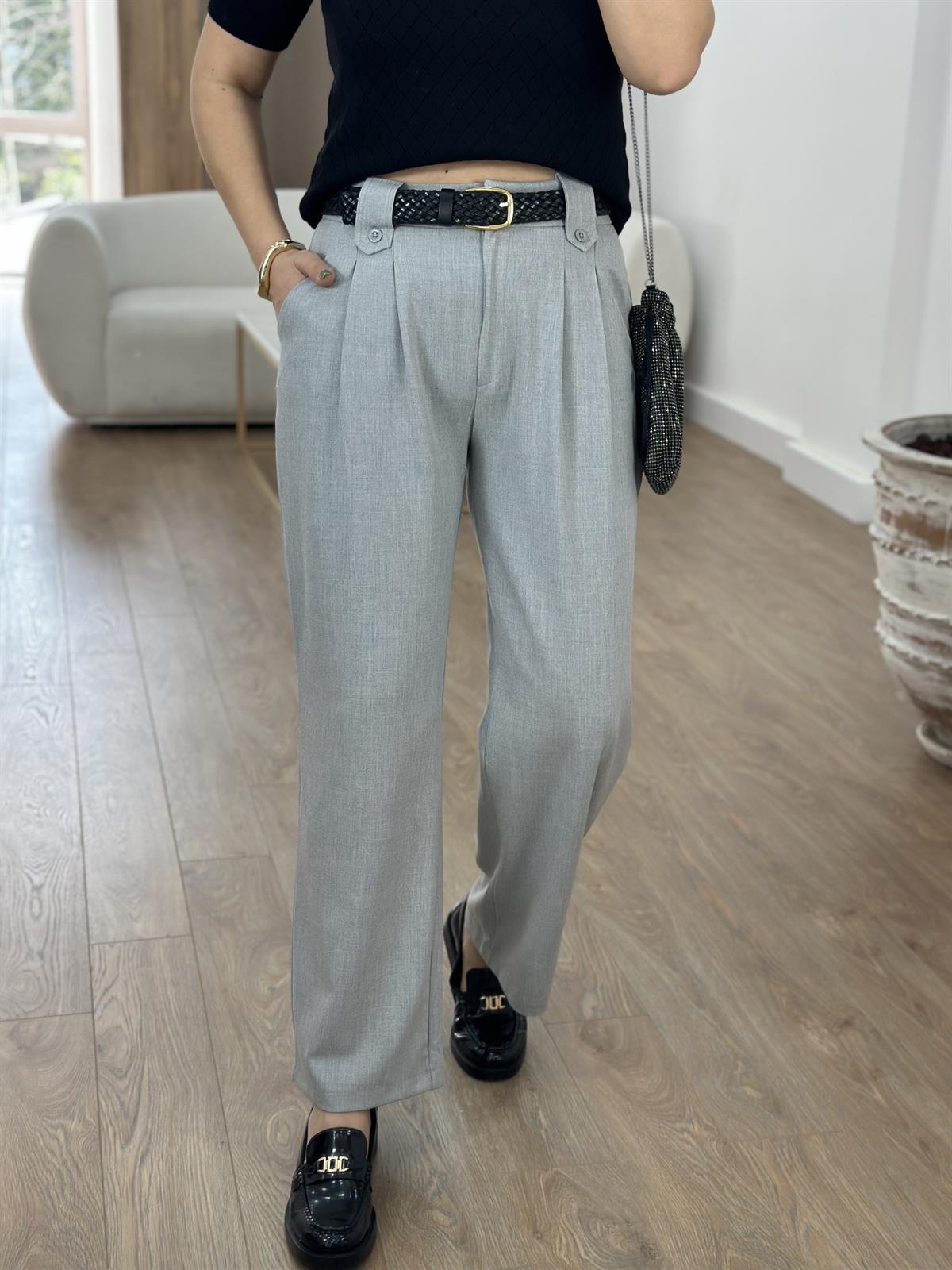 Köprü Detaylı Çift Pileli Pantolon-Gri