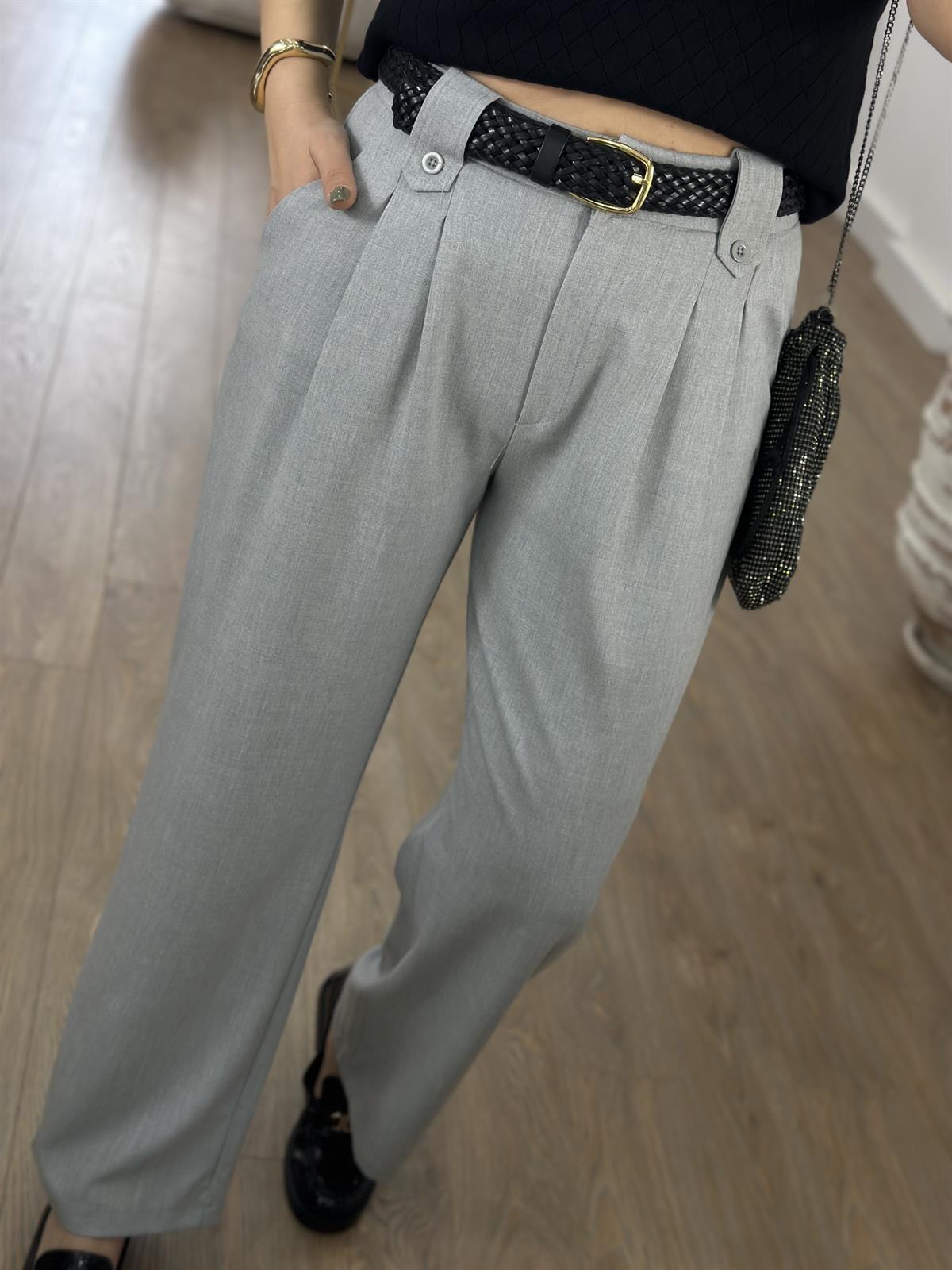 Köprü Detaylı Çift Pileli Pantolon-Gri